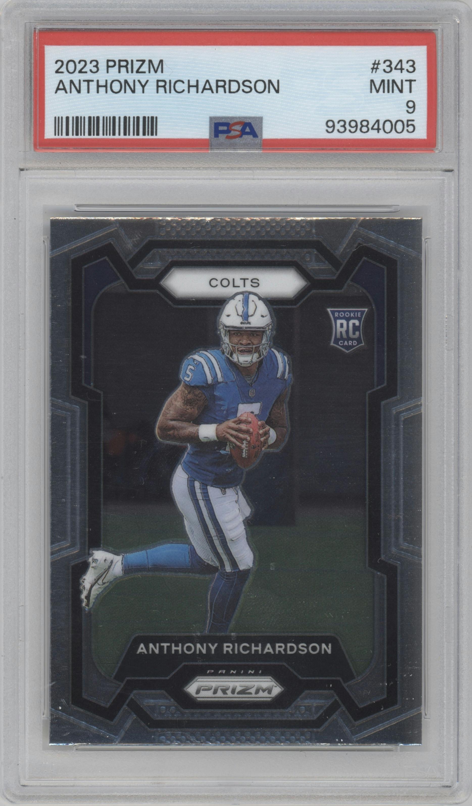 Anthony Richardson from the 2023 Panini Prizm set graded by PSA and given an overall grade of 9.