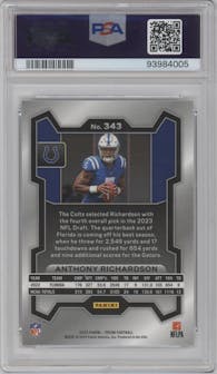 Anthony Richardson from the 2023 Panini Prizm set graded by PSA and given an overall grade of 9.