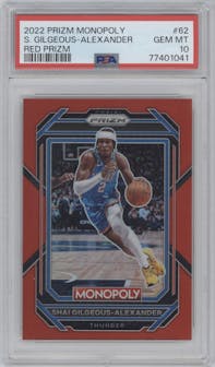 Shai Gilgeous-Alexander from the 2022-23 Panini Prizm Monopoly set featuring a Red Prizm parallel graded by PSA and given an overall grade of 10.