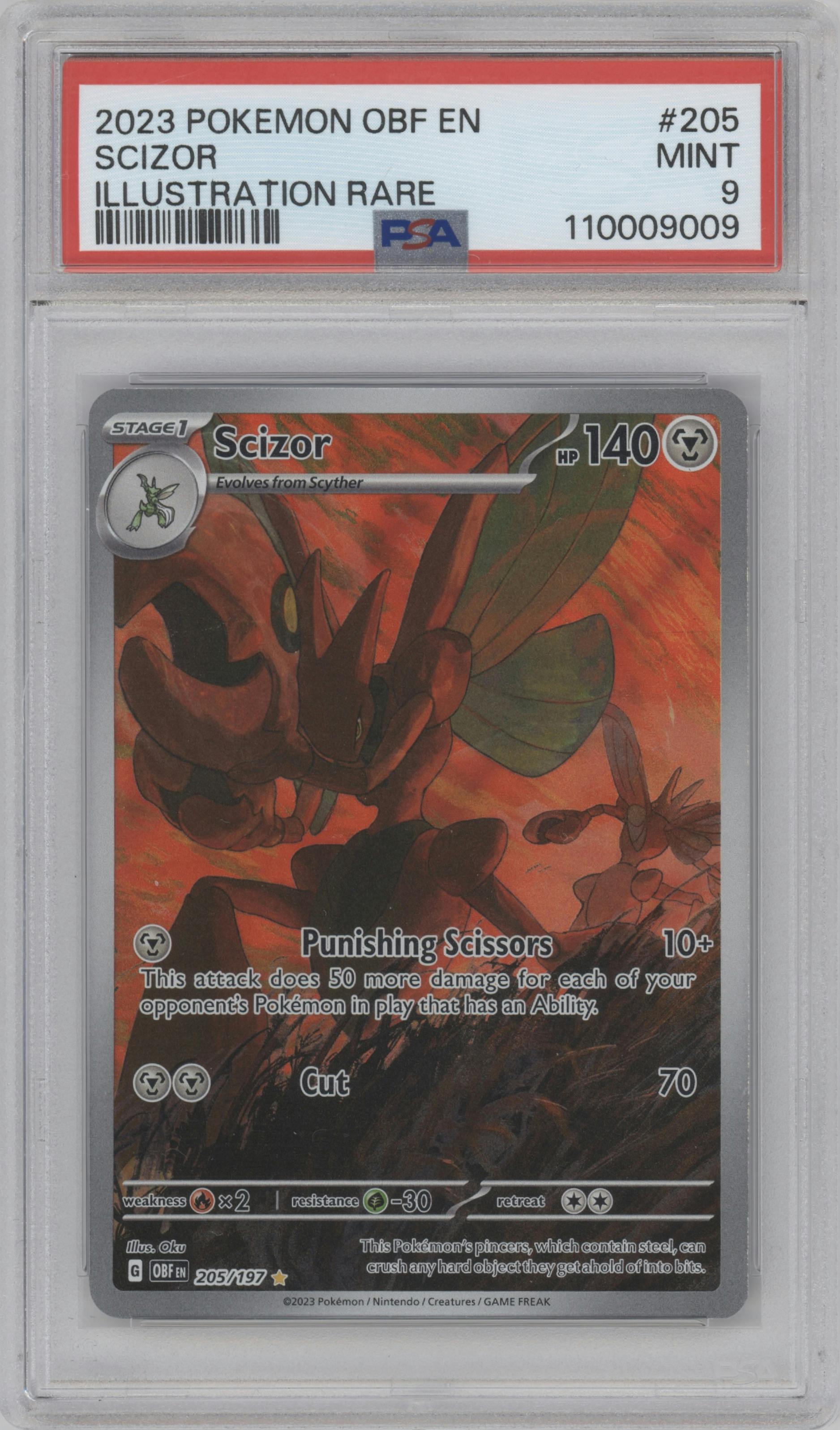 Scizor from the 2023 Pokemon SV set graded by PSA and given an overall grade of 9.