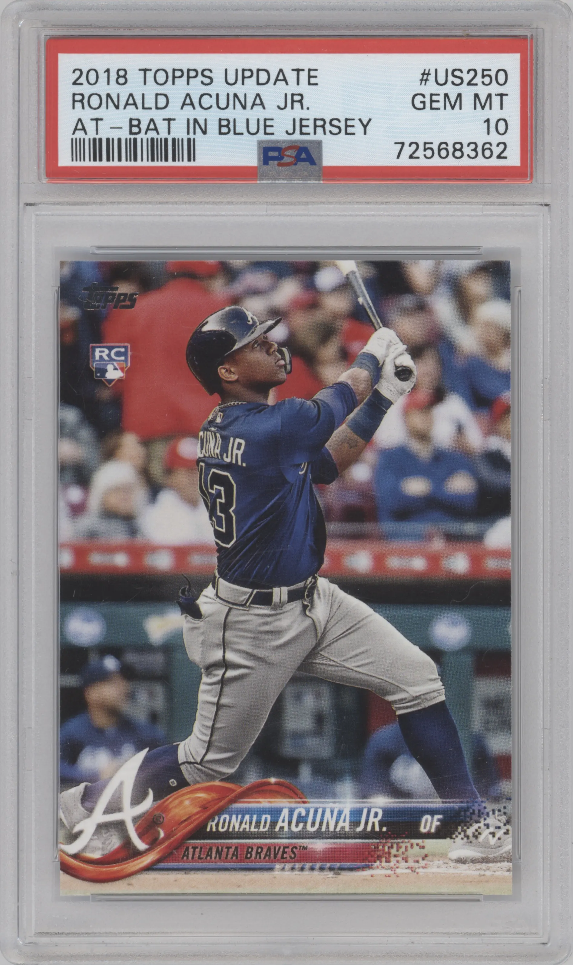 Ronald Acuna Jr. from the 2018 Topps Update set graded by PSA and given an overall grade of 10.