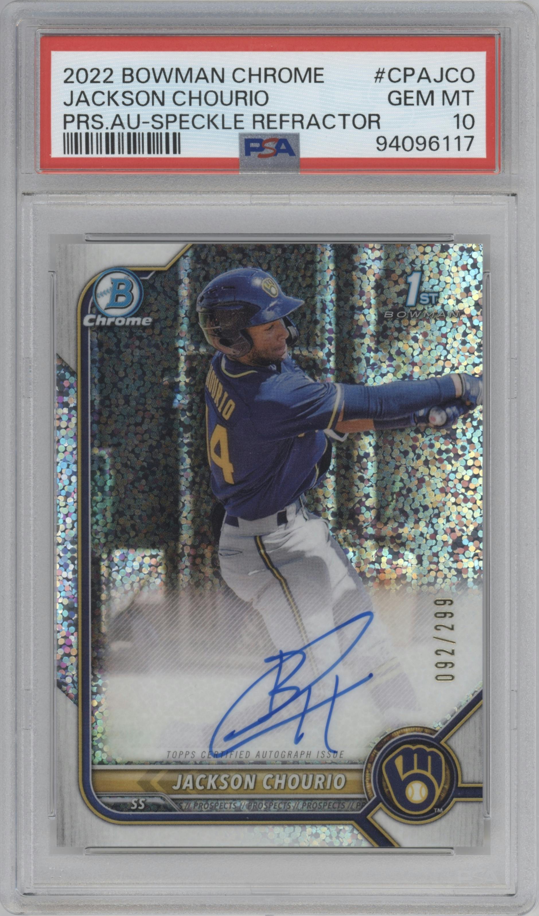 Jackson Chourio from the 2022 Bowman Chrome set featuring a Speckle Refractor parallel graded by PSA and given an overall grade of 10.