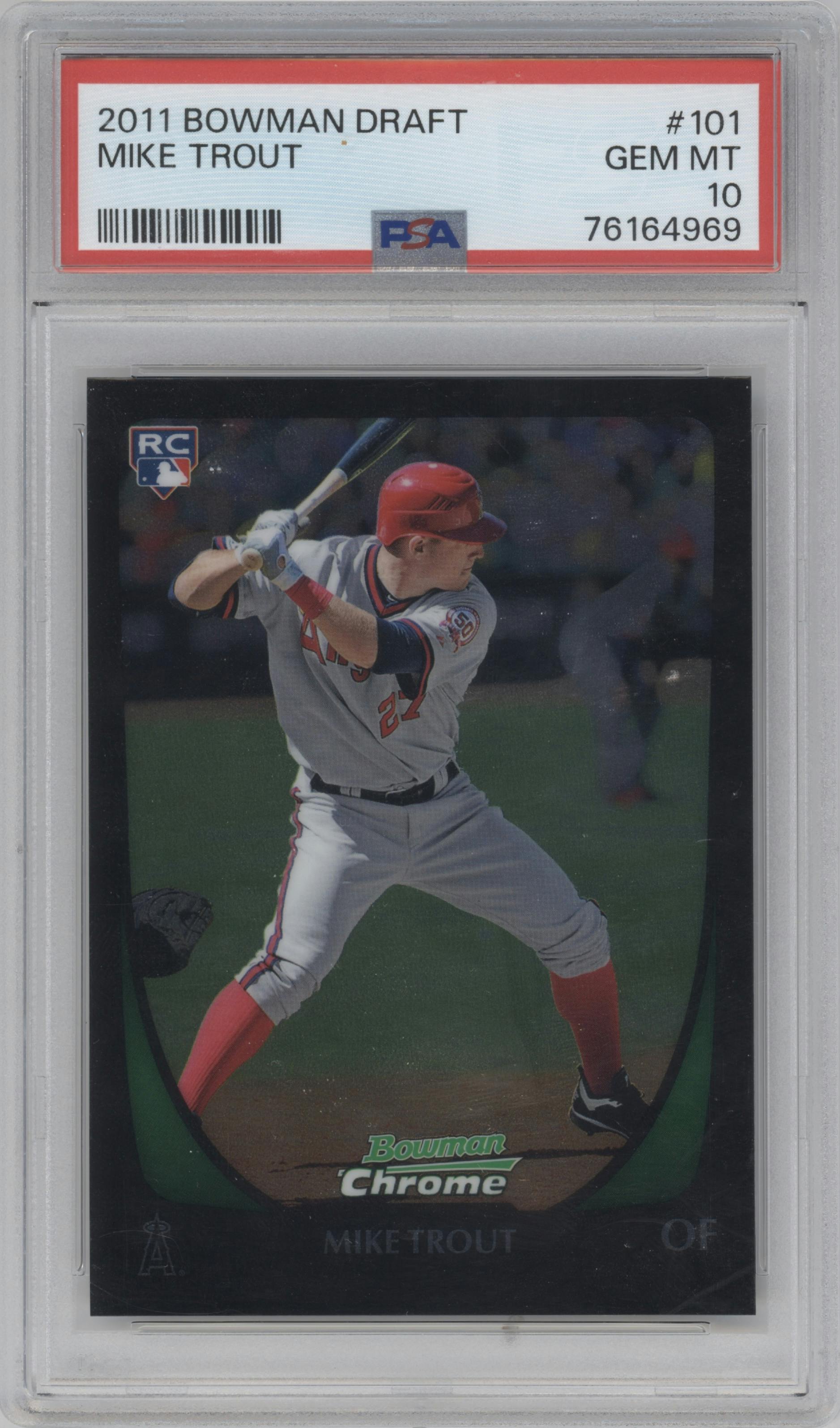 Mike Trout from the 2011 Bowman Chrome Draft set graded by PSA and given an overall grade of 10.