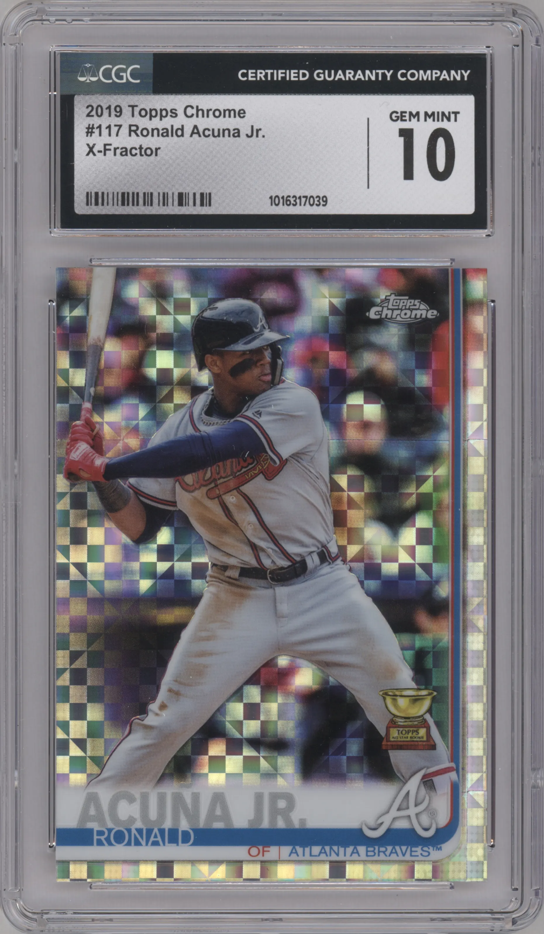Ronald Acuna Jr. from the 2019 Topps Chrome set featuring a X-Fractor parallel graded by CSG and given an overall grade of 10.