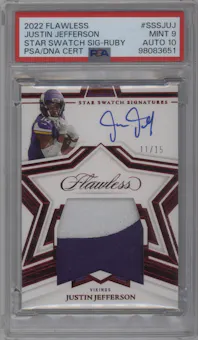 Justin Jefferson from the 2022 Panini Flawless set featuring a Ruby parallel graded by PSA and given an overall grade of 9.