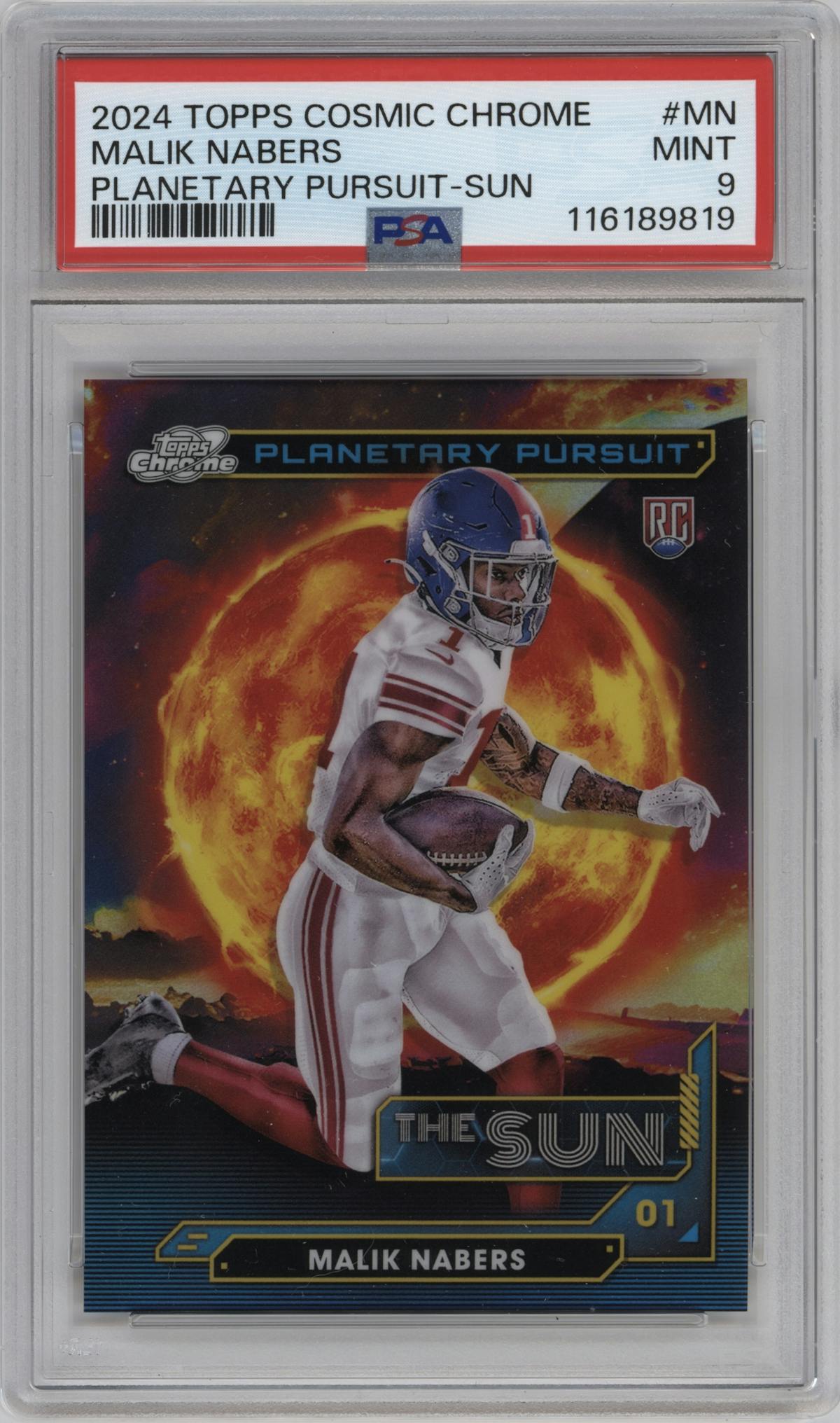 Malik Nabers from the 2024 Topps Cosmic Chrome set graded by PSA and given an overall grade of 9.