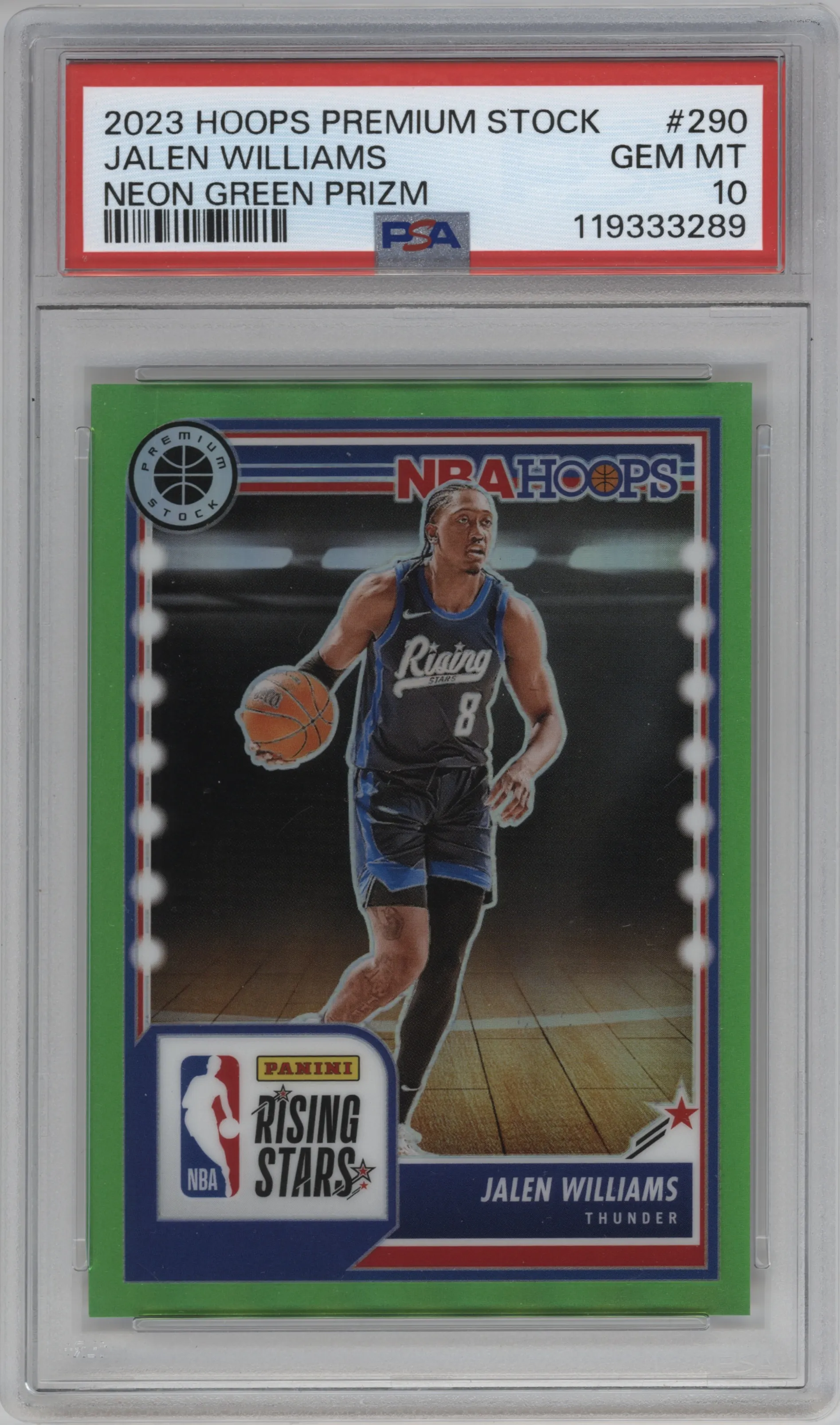 2023 Panini Hoops Premium Stock Rising Stars Jalen Williams Neon Green Prizm #290 PSA 10