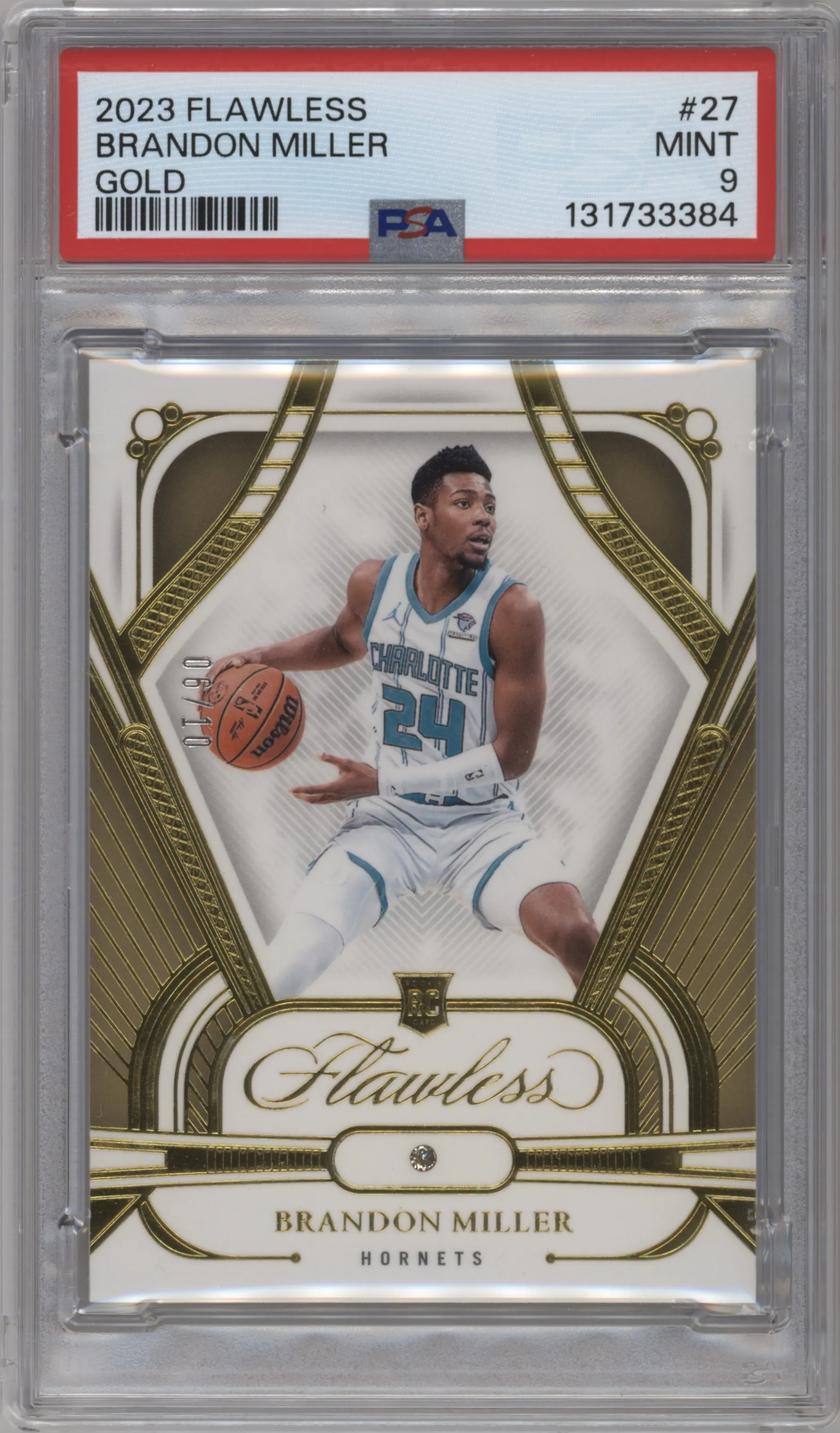 Brandon Miller from the 2023-24 Panini Flawless set featuring a Gold parallel graded by PSA and given an overall grade of 9.