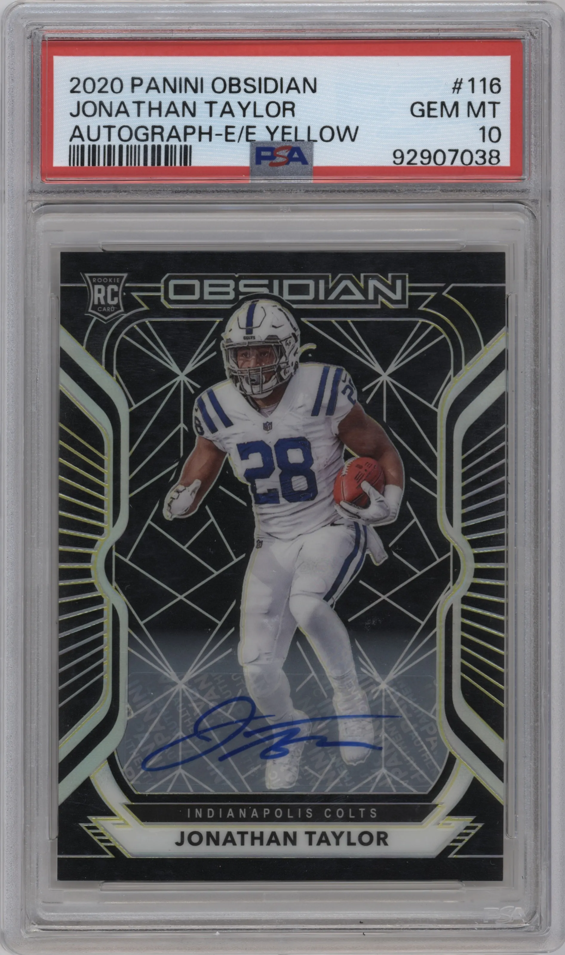 Jonathan Taylor from the 2020 Panini Obsidian set featuring a Electric Etch Yellow parallel graded by PSA and given an overall grade of 10.