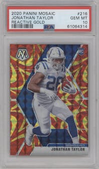 Jonathan Taylor from the 2020 Panini Mosaic set featuring a Reactive Gold parallel graded by PSA and given an overall grade of 10.