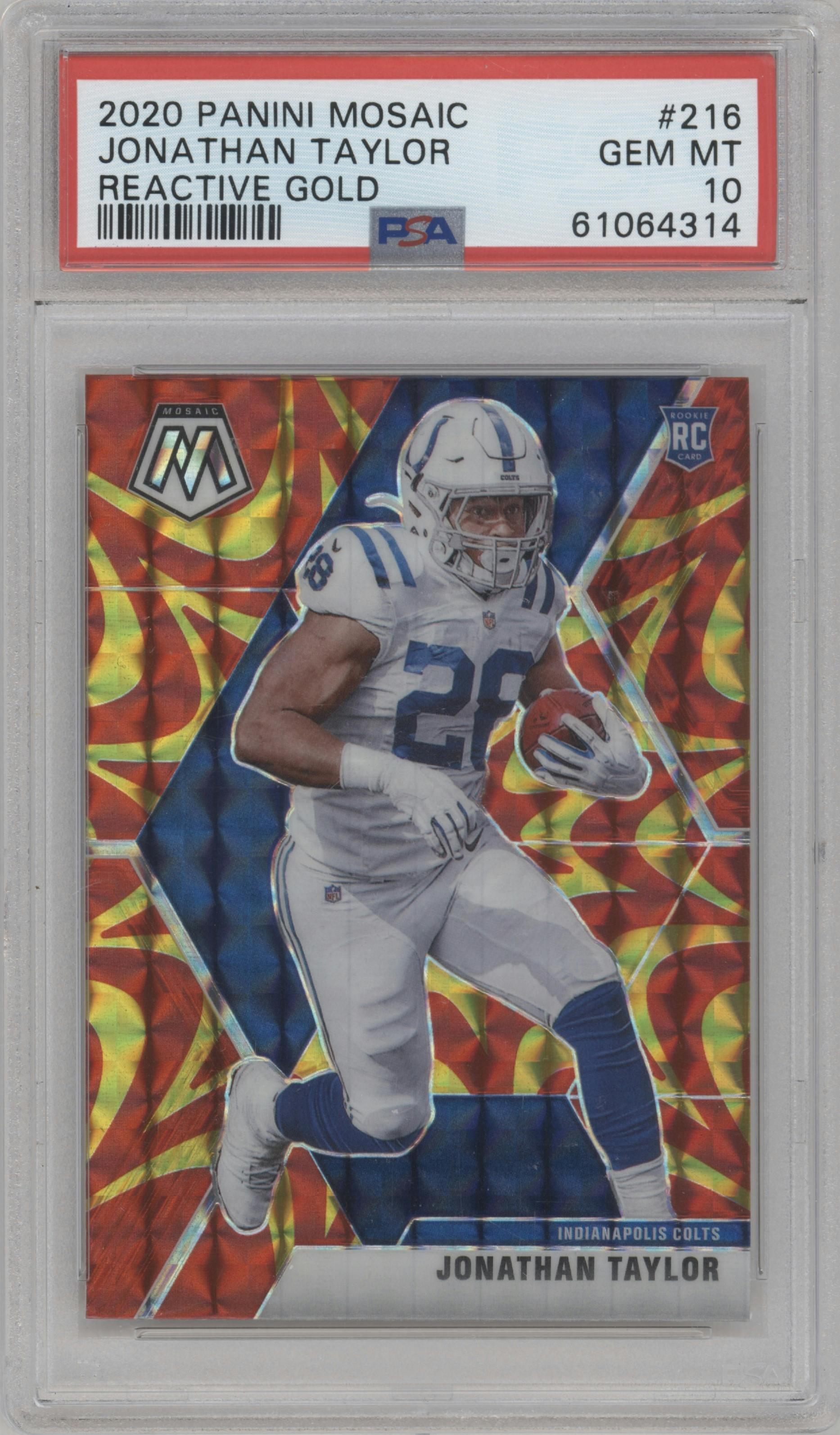 Jonathan Taylor from the 2020 Panini Mosaic set featuring a Reactive Gold parallel graded by PSA and given an overall grade of 10.