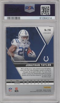 Jonathan Taylor from the 2020 Panini Mosaic set featuring a Reactive Gold parallel graded by PSA and given an overall grade of 10.