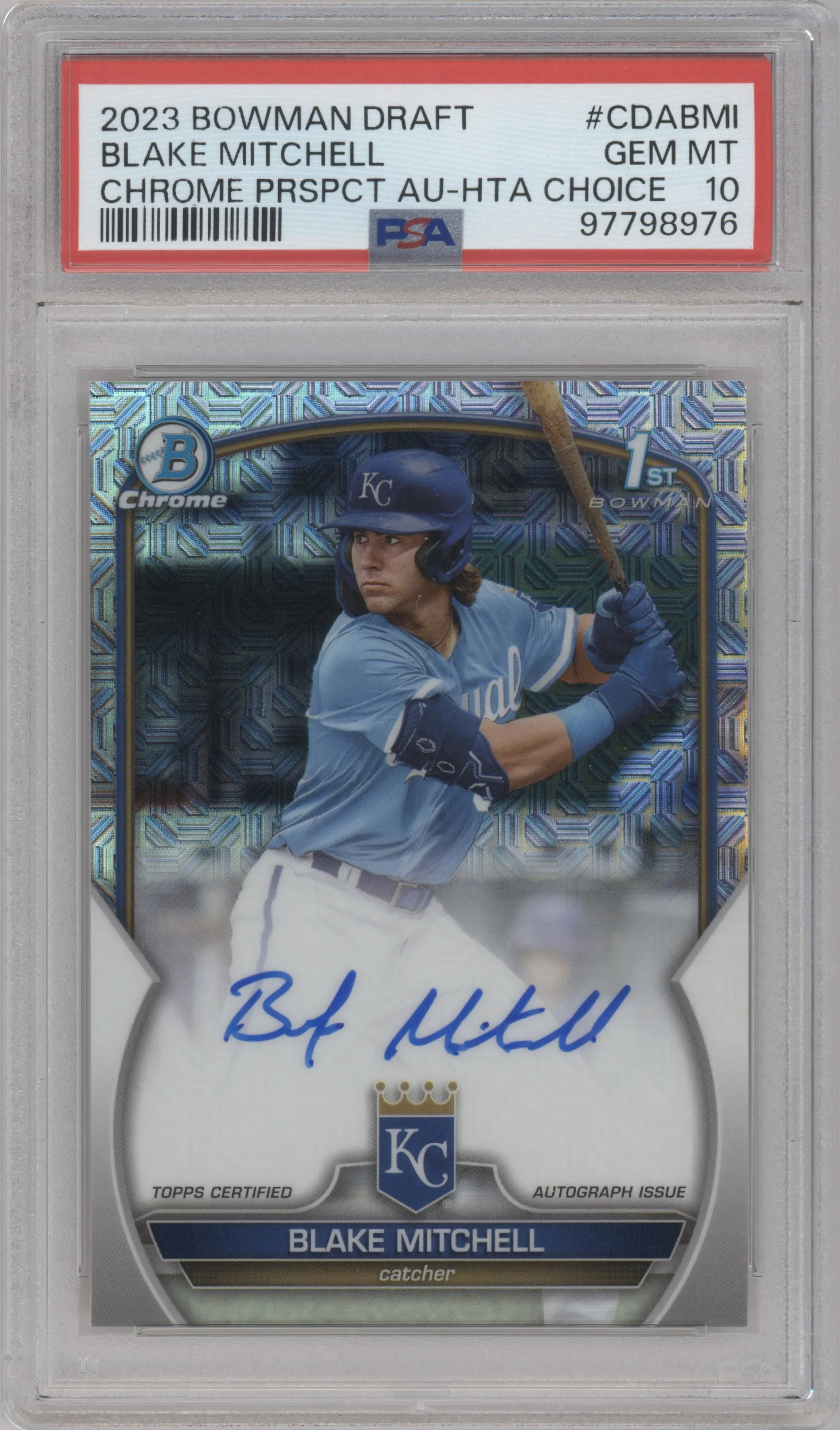 Blake Mitchell from the 2023 Bowman Draft set featuring a HTA Choice Refractor parallel graded by PSA and given an overall grade of 10.