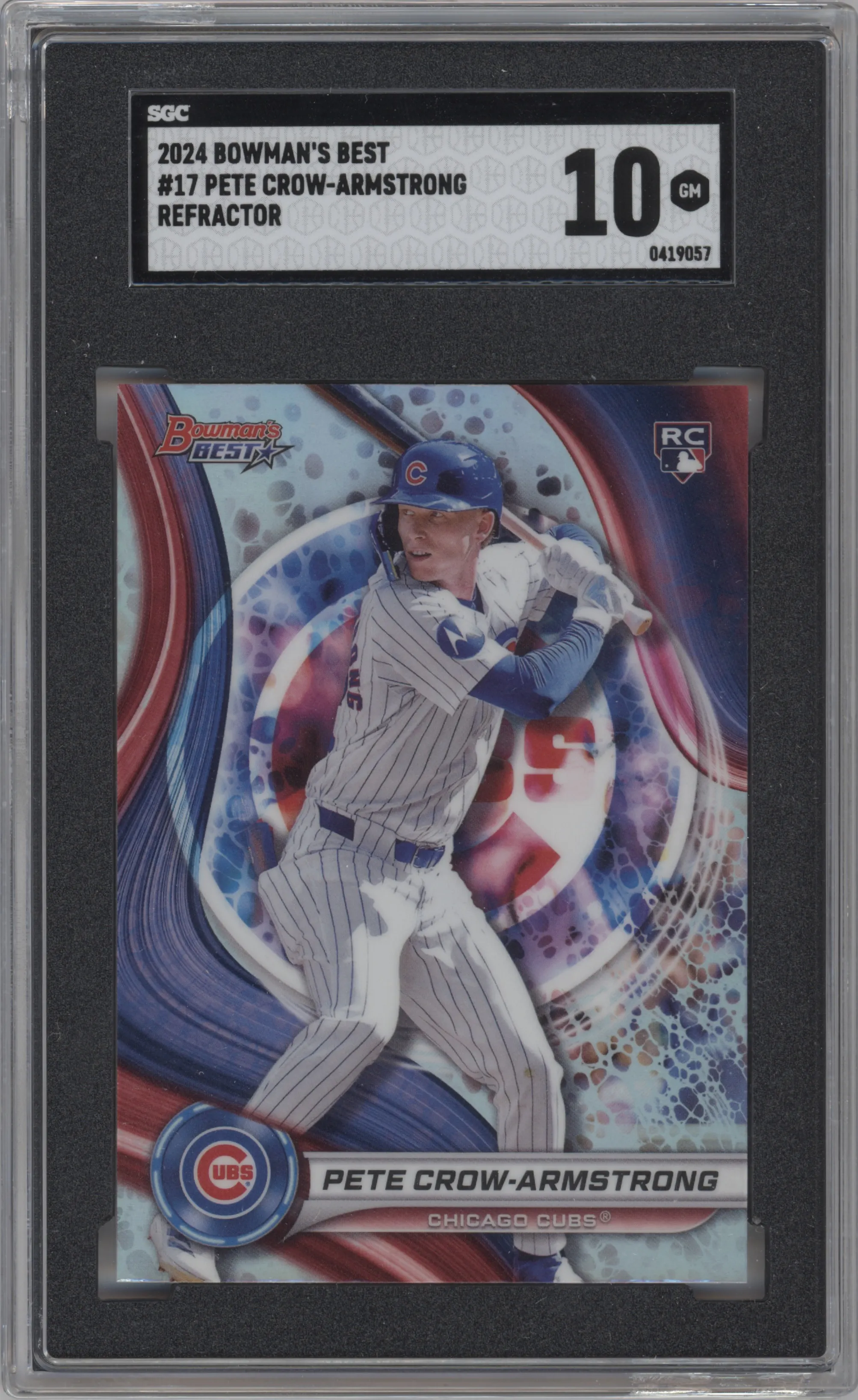 Pete Crow-Armstrong from the 2024 Bowman's Best set featuring a Refractor parallel graded by SGC and given an overall grade of 10.