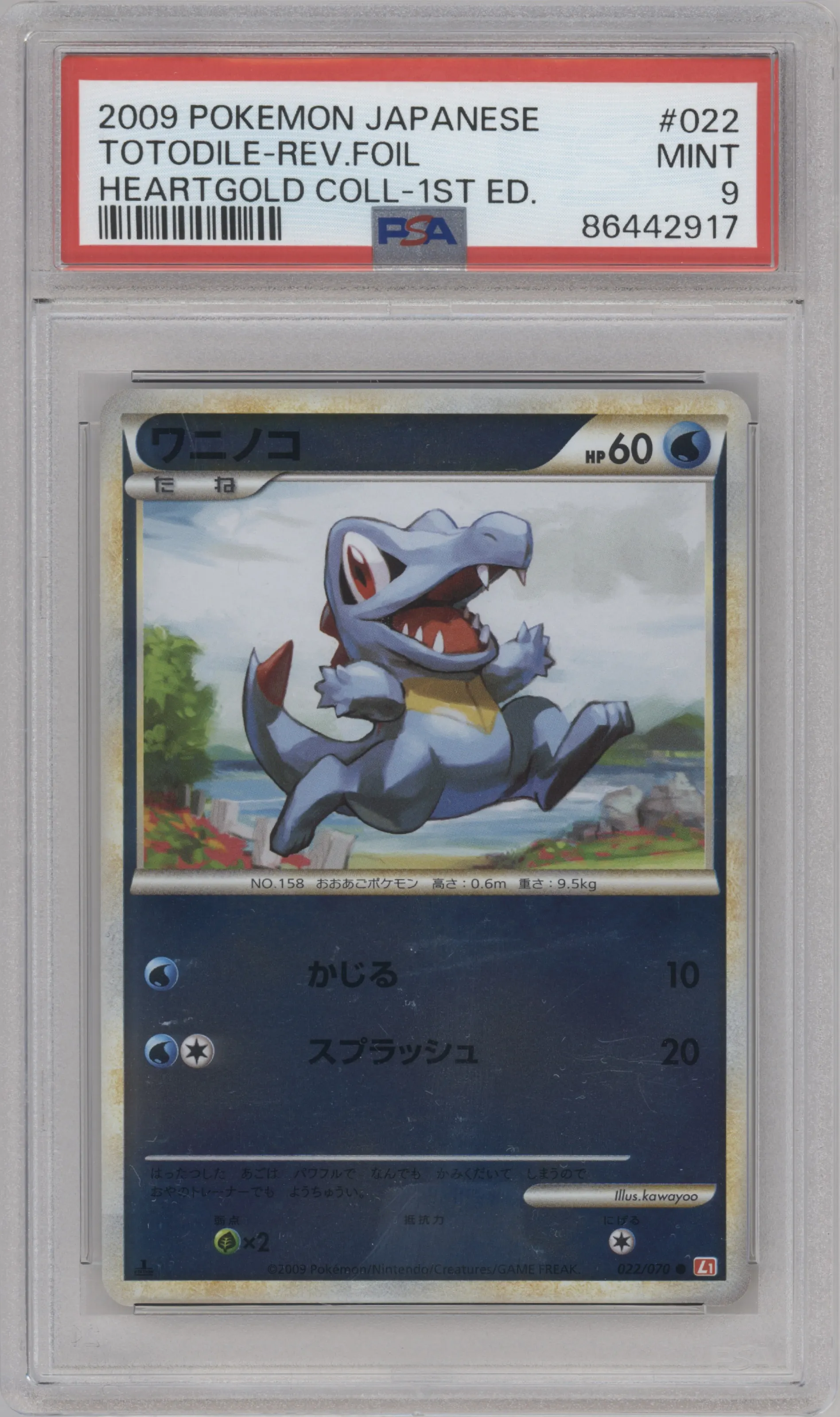 Totodile from the 2009 Pokemon LGND JPN set graded by PSA and given an overall grade of 9.