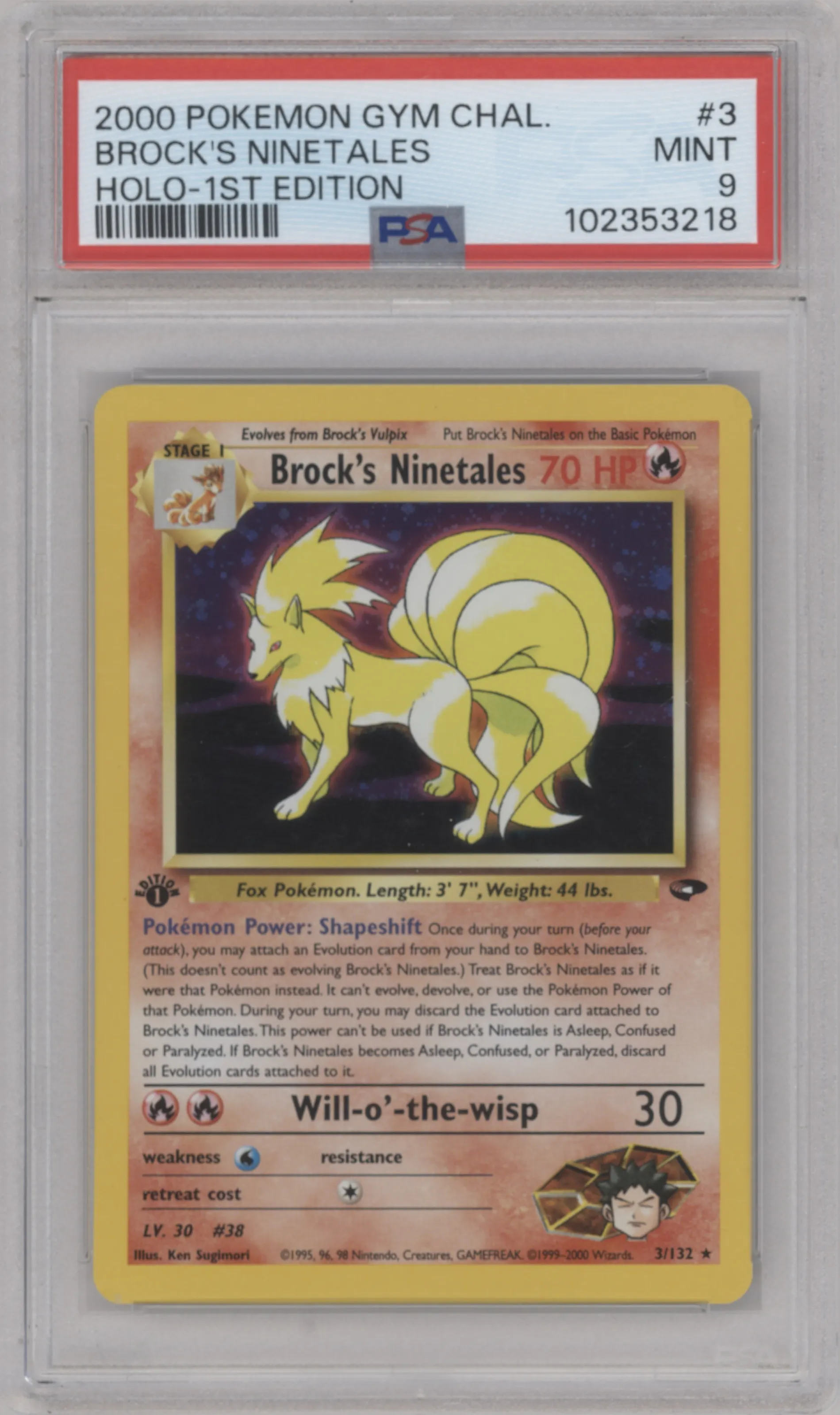Brock's Ninetales from the 2000 Pokemon GH set graded by PSA and given an overall grade of 9.