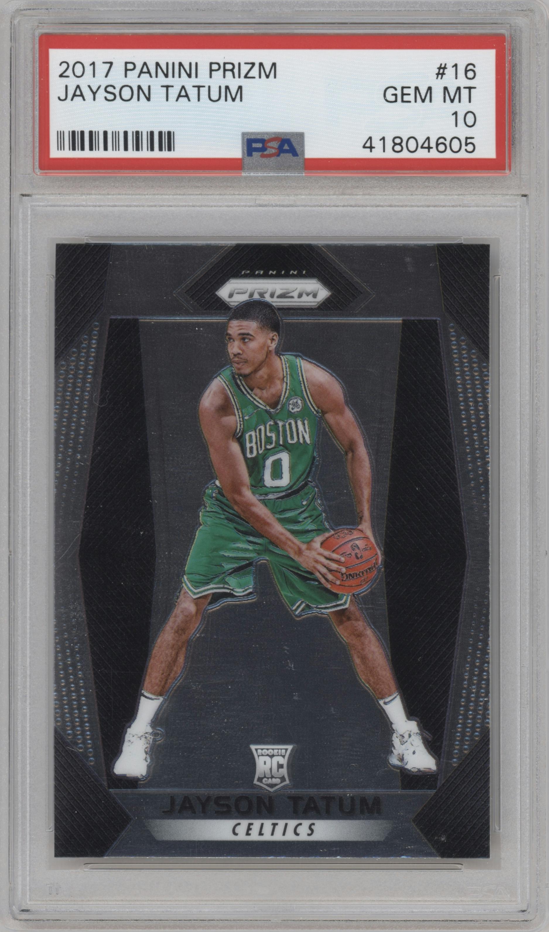 Jayson Tatum from the 2017-18 Panini Prizm  set graded by PSA and given an overall grade of 10.