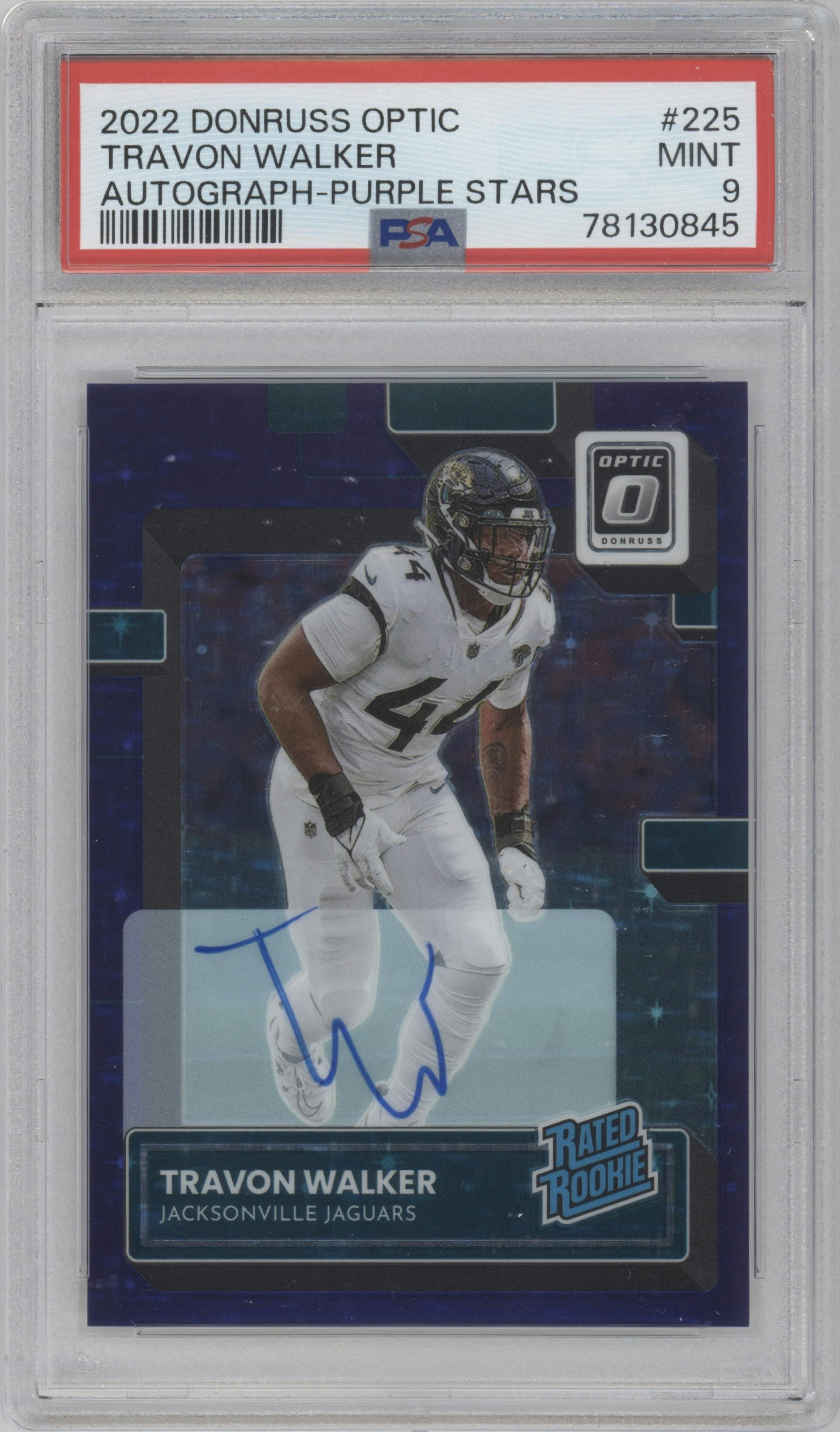 Travon Walker from the 2022 Panini Donruss Optic set featuring a Purple Stars FOTL parallel graded by PSA and given an overall grade of 9.