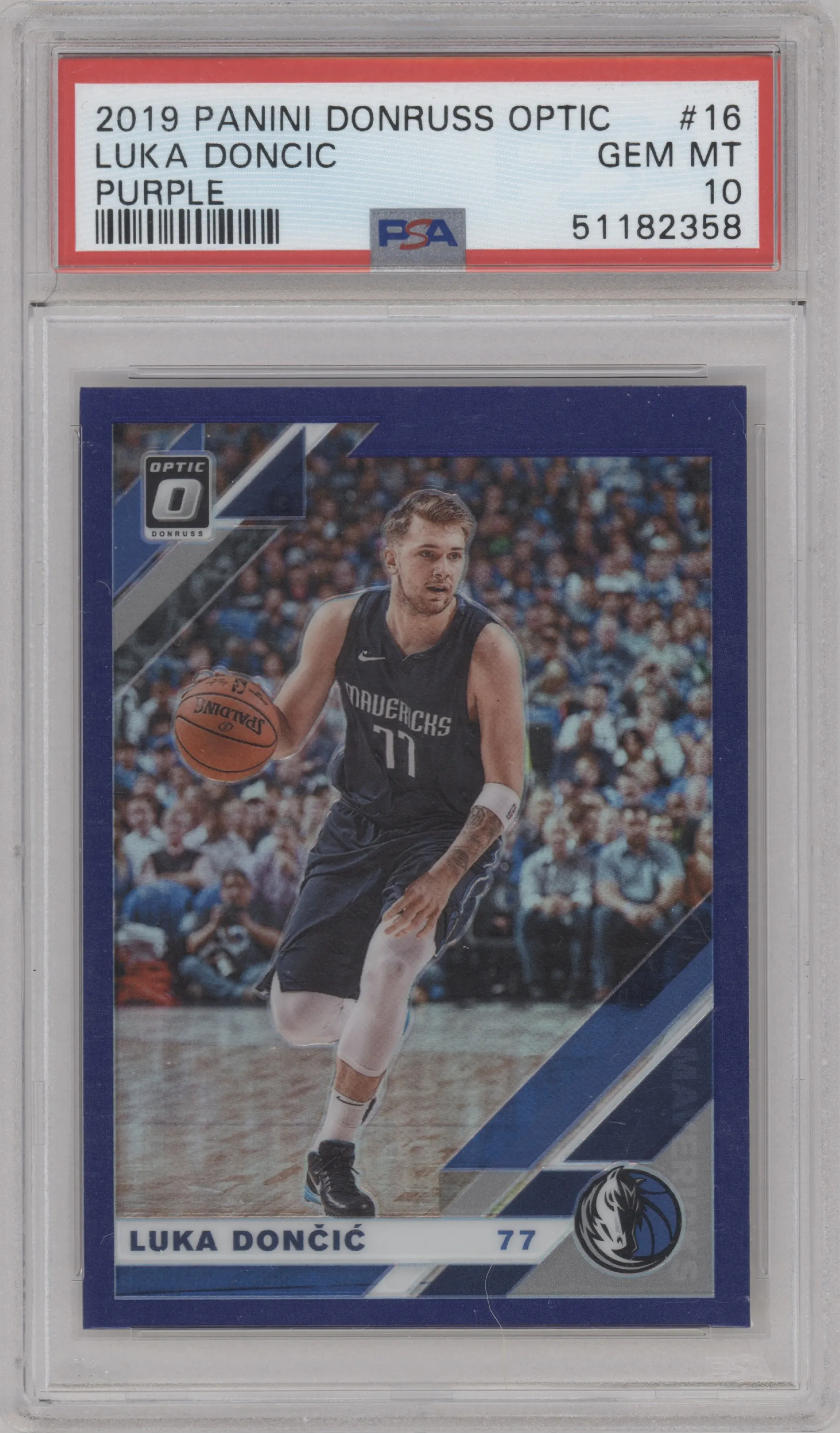 Luka Doncic from the 2019-20 Panini Donruss Optic set featuring a Purple parallel graded by PSA and given an overall grade of 10.