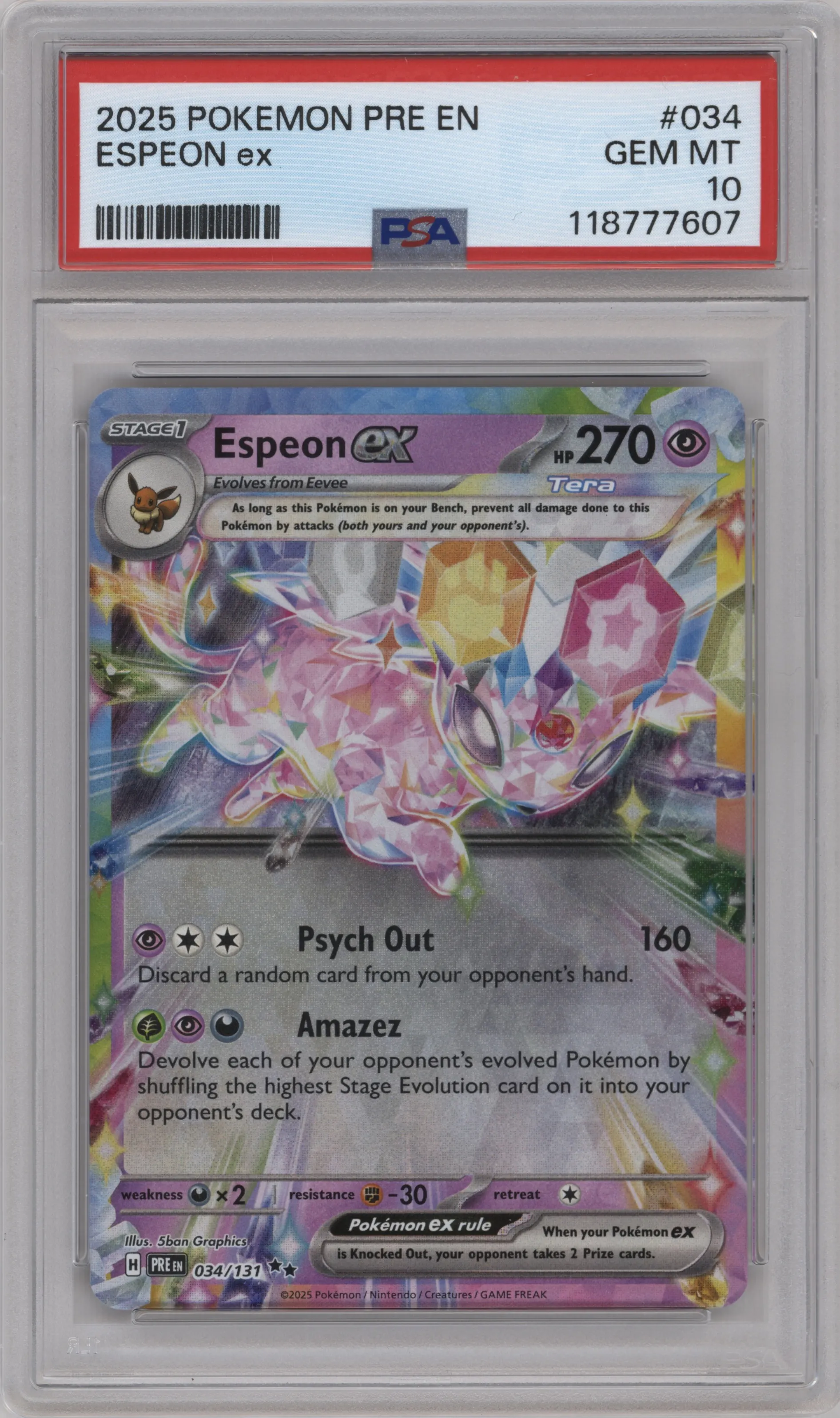 Espeon ex from the 2025 Pokemon SV set graded by PSA and given an overall grade of 10.