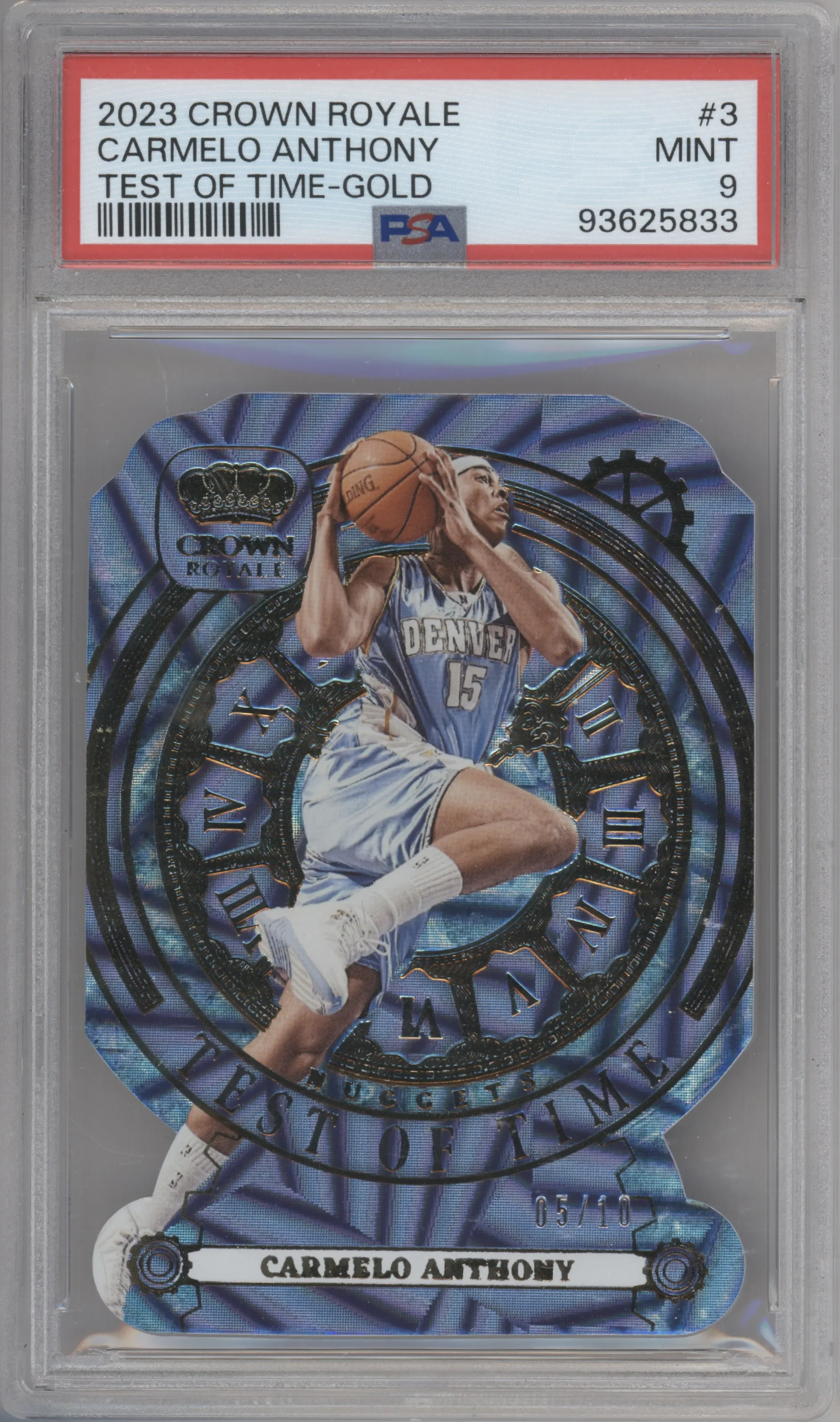 Carmelo Anthony from the 2023-24 Panini Crown Royale  set featuring a Gold parallel graded by PSA and given an overall grade of 9.