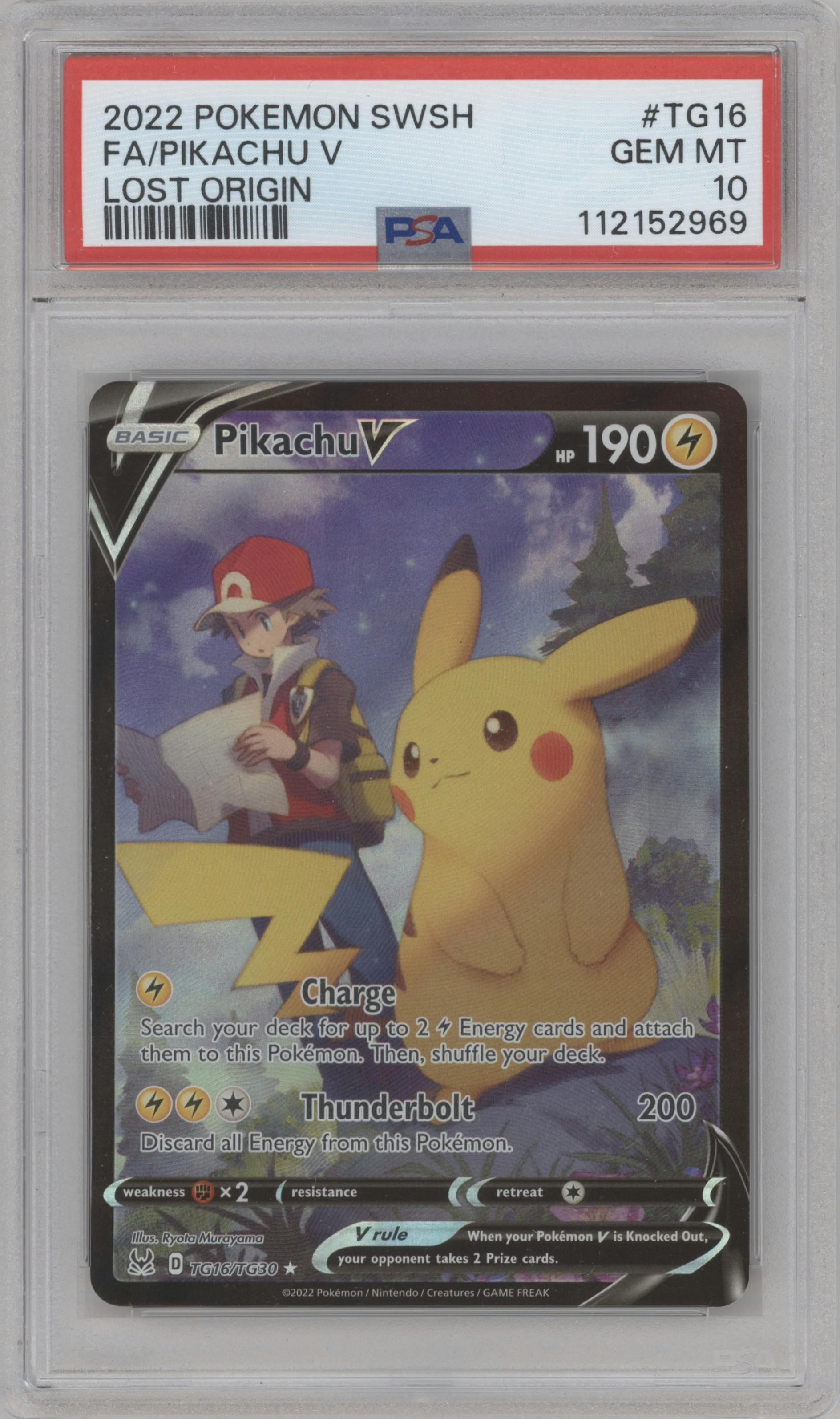 Pikachu V from the 2022 Pokemon SWSH set graded by PSA and given an overall grade of 10.