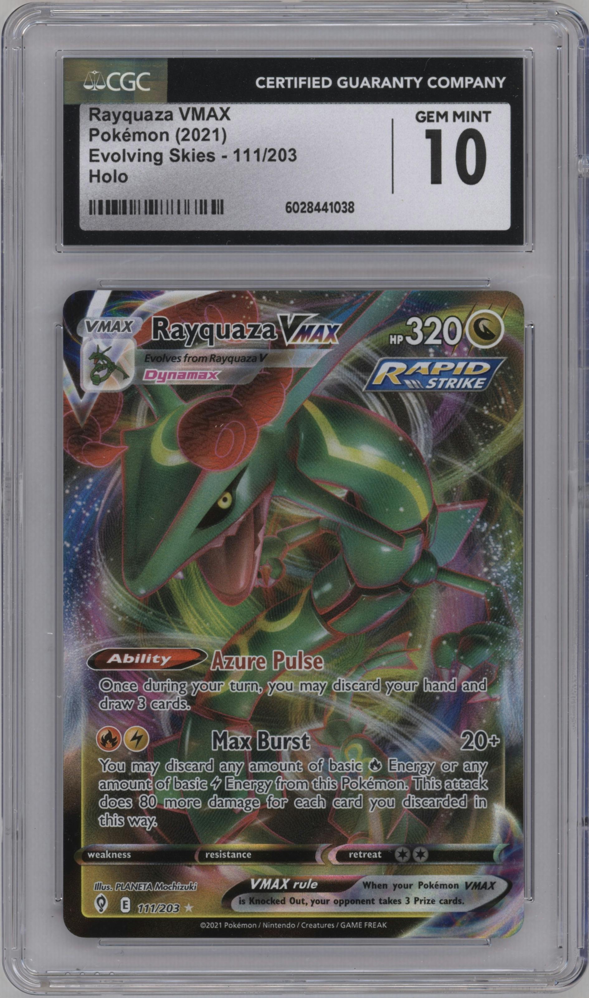 Rayquaza VMax from the 2021 Pokemon SWSH set graded by CSG and given an overall grade of 10.