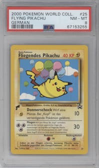 Flying Pikachu from the Pikachu World Collection 2000 set graded by PSA and given an overall grade of 8.