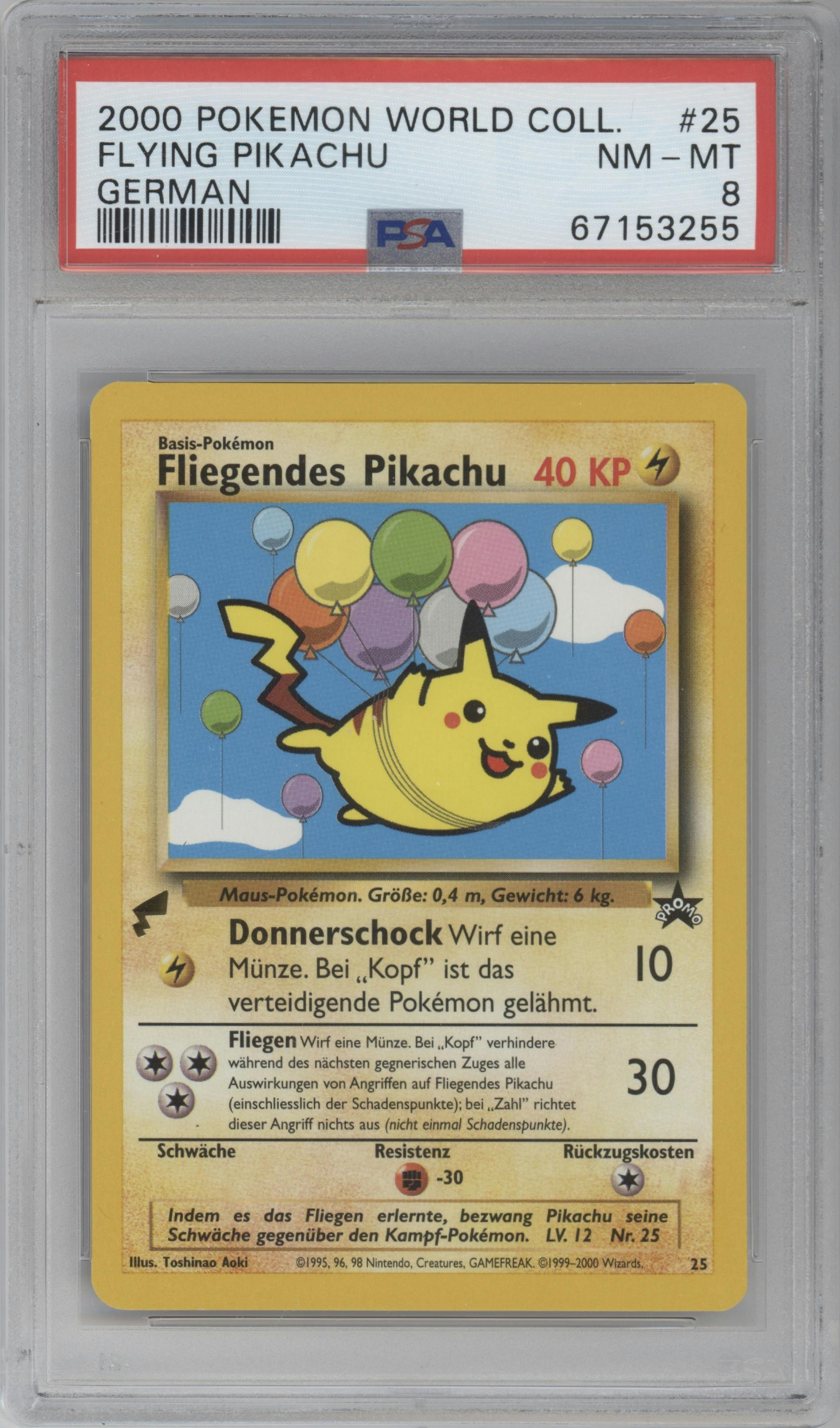 Flying Pikachu from the Pikachu World Collection 2000 set graded by PSA and given an overall grade of 8.