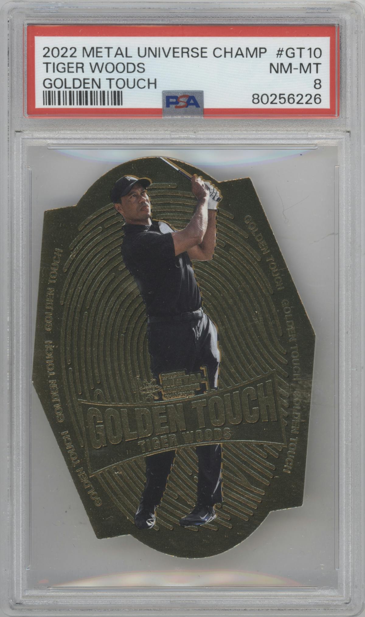 Tiger Woods from the 2022 Skybox Metal Universe Champions Multi-Sport set graded by PSA and given an overall grade of 8.