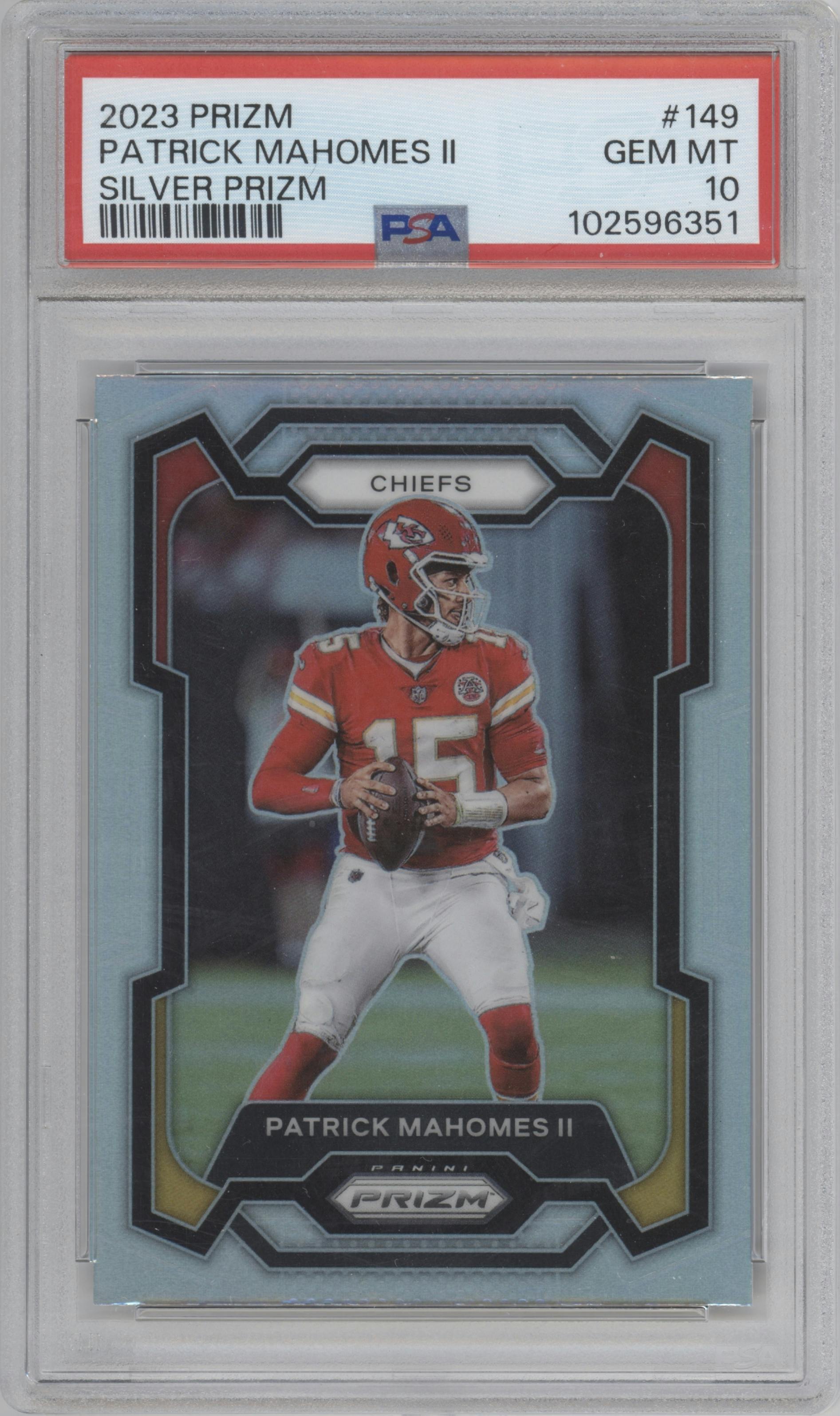 Patrick Mahomes II from the 2023 Panini Prizm set featuring a Silver Prizm parallel graded by PSA and given an overall grade of 10.