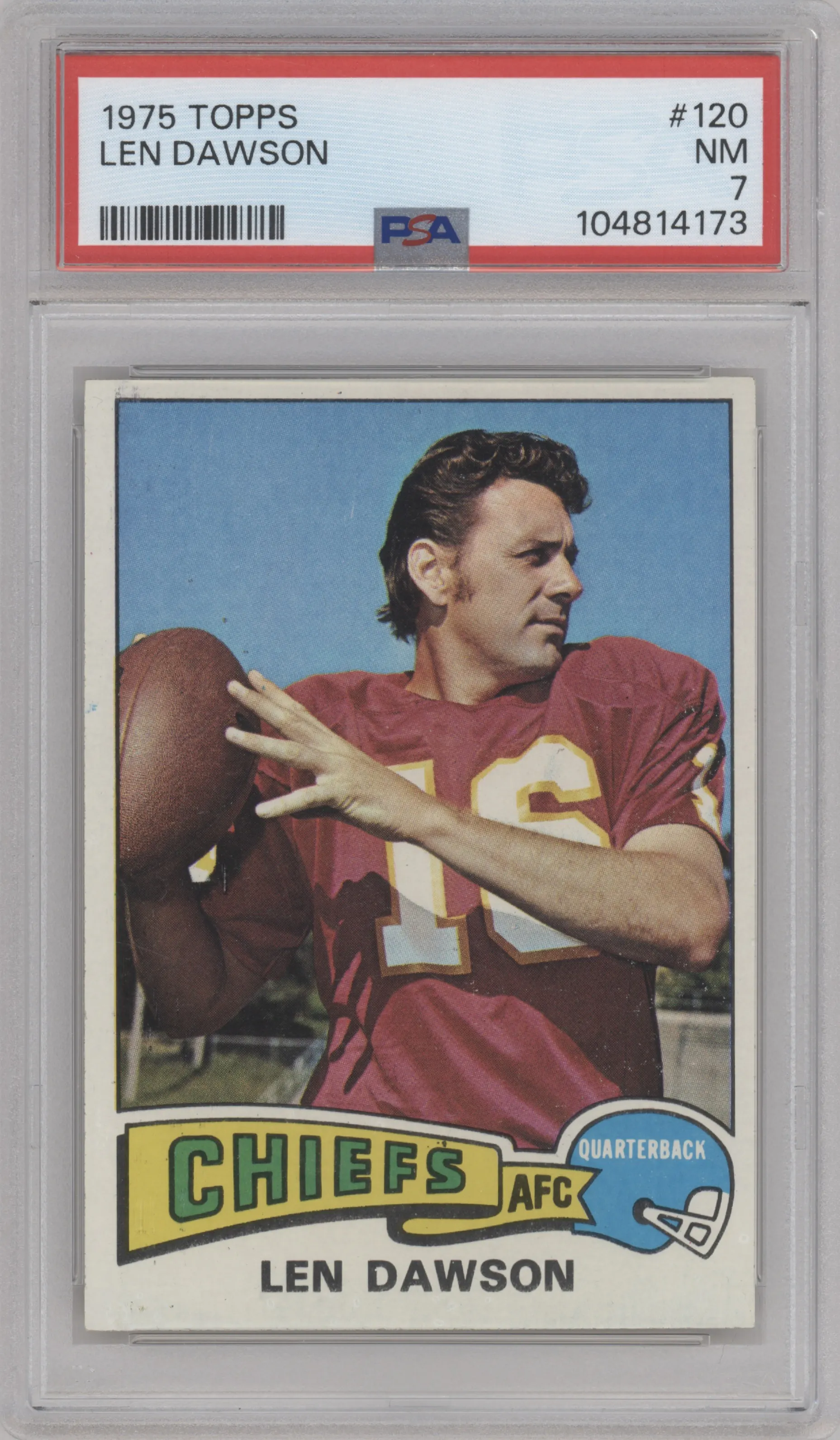Len Dawson from the 1975 Topps  set graded by PSA and given an overall grade of 7.