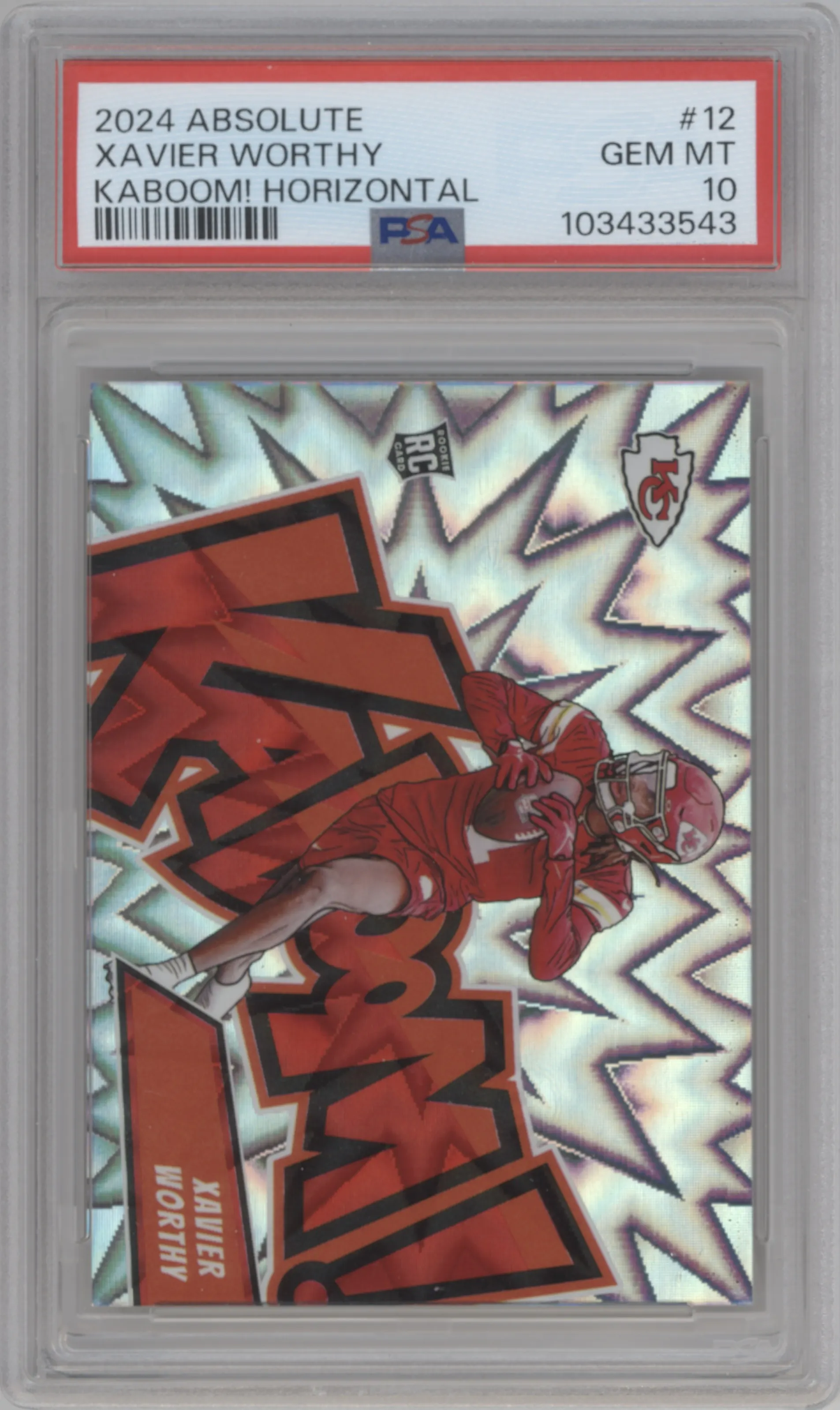 Xavier Worthy from the 2024 Panini Absolute set graded by PSA and given an overall grade of 10.