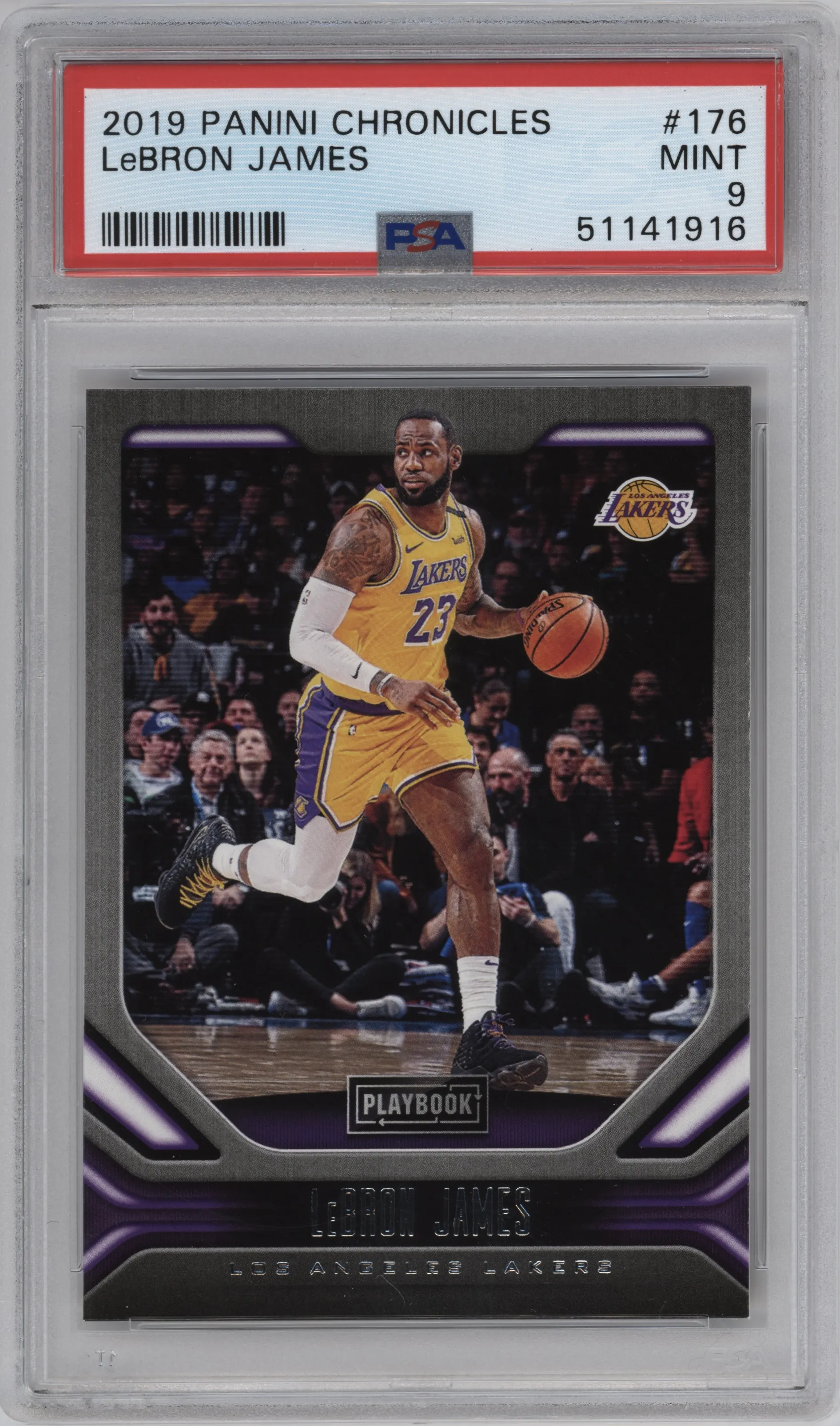 LeBron James from the 2019-20 Panini Chronicles  set graded by PSA and given an overall grade of 9.