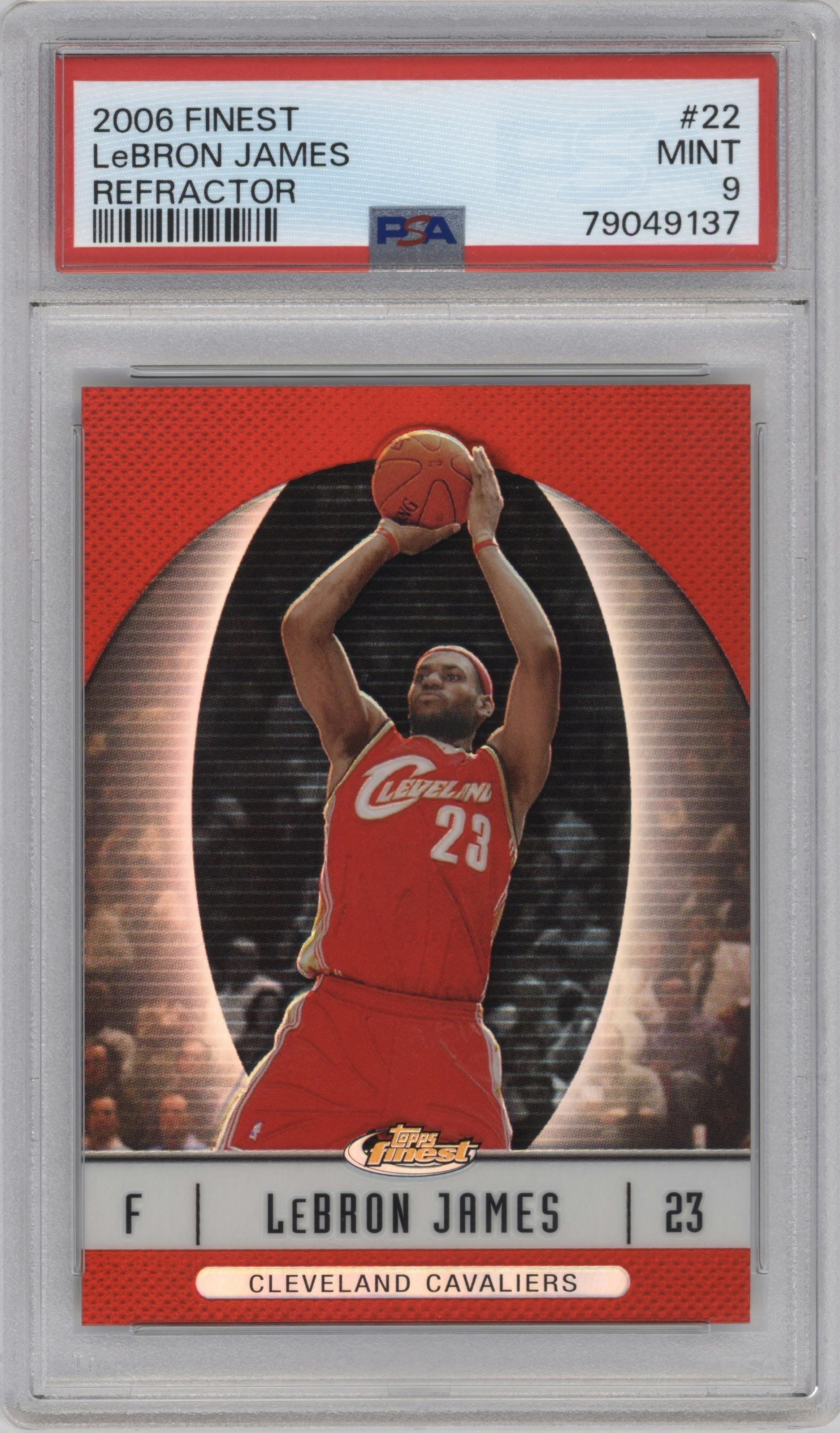 LeBron James from the 2006-07 Topps Finest set featuring a Refractor parallel graded by PSA and given an overall grade of 9.