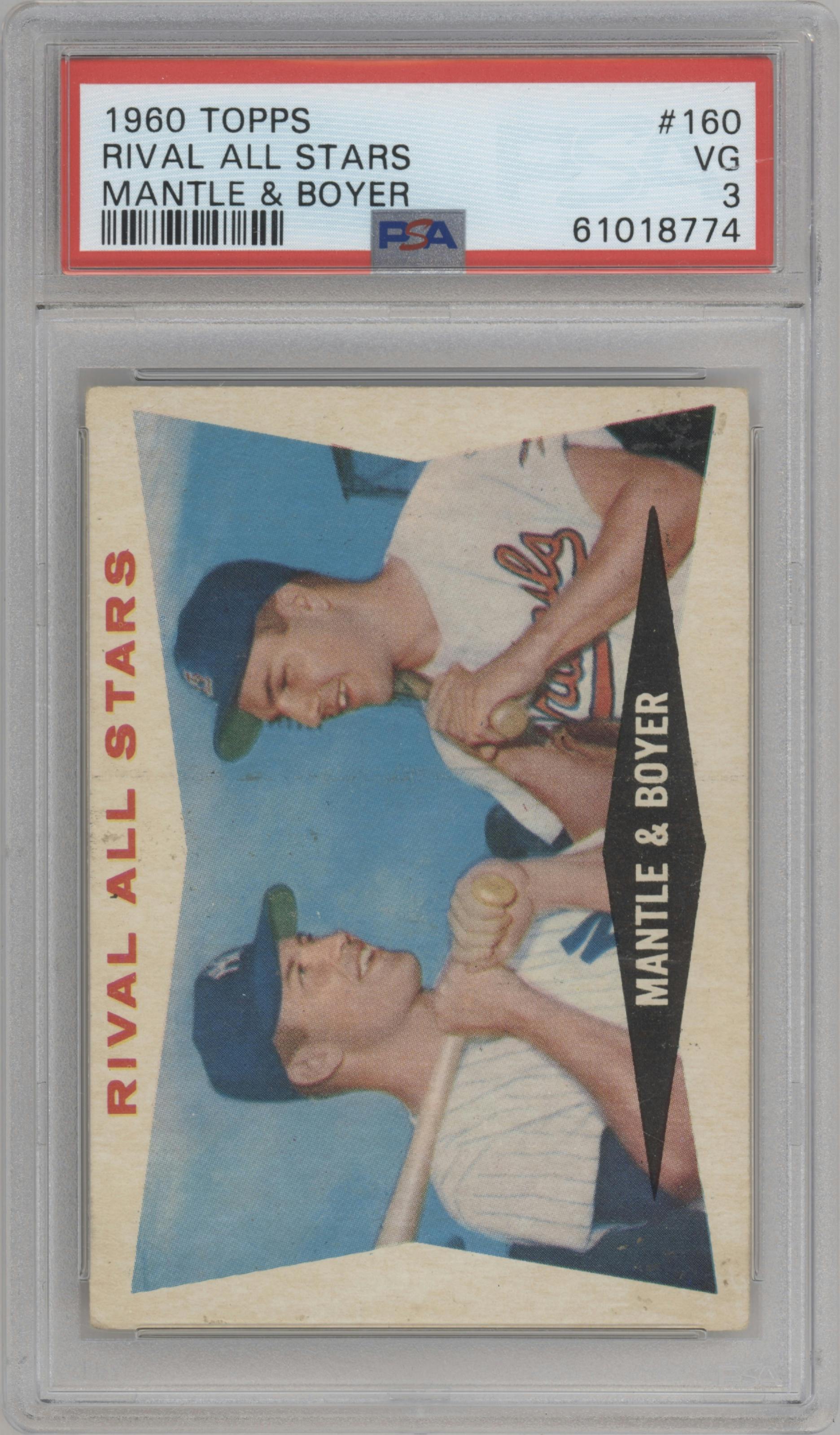 Mickey Mantle/Ken Boyer from the 1960 Topps set graded by PSA and given an overall grade of 3.