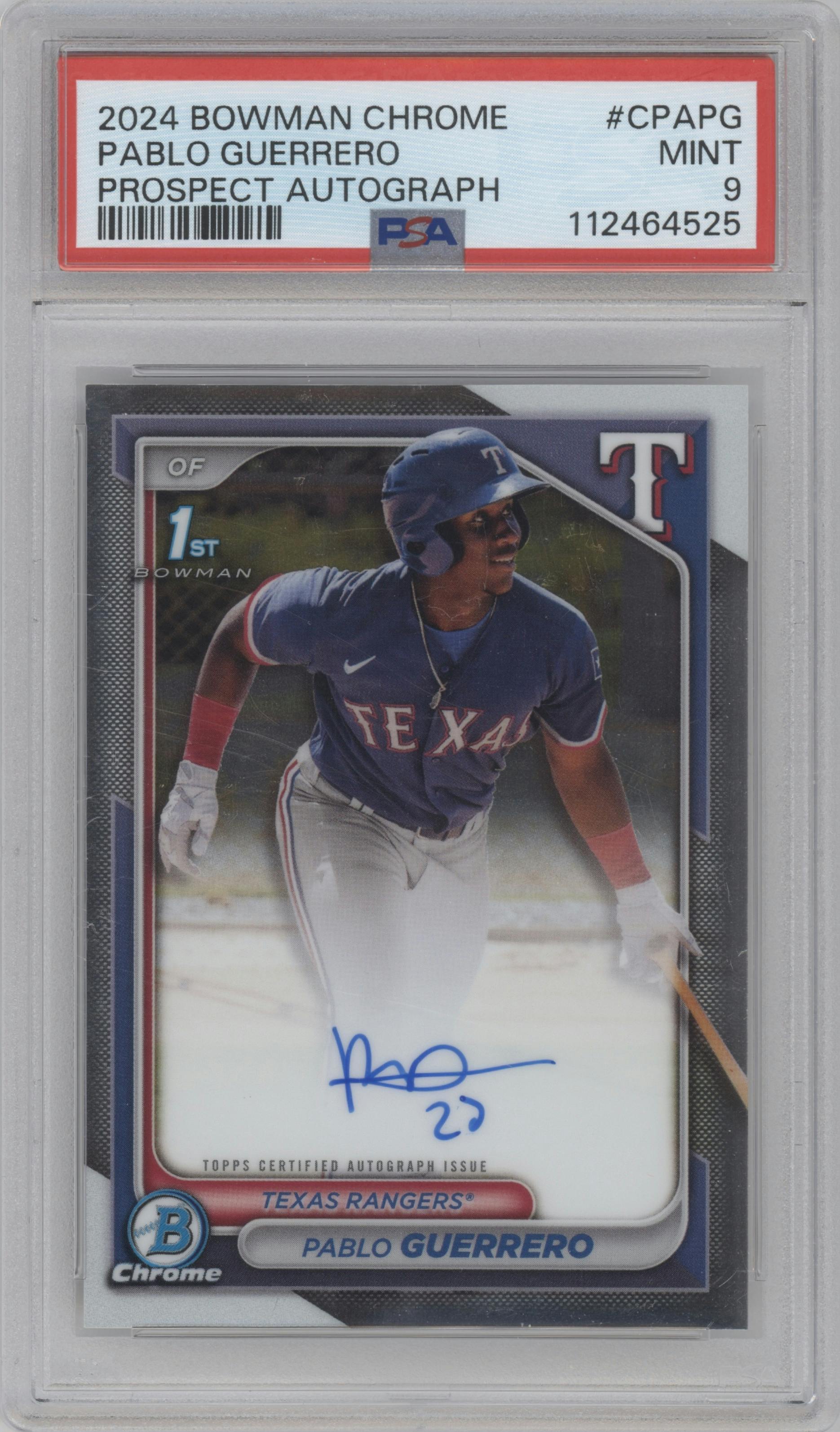 Pablo Guerrero from the 2024 Bowman Chrome set graded by PSA and given an overall grade of 9.