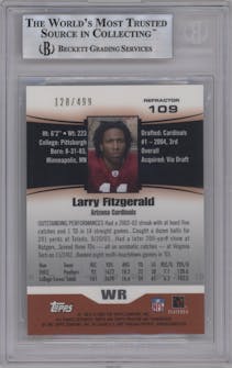 Larry Fitzgerald from the 2004 Topps Pristine set featuring a Refractor parallel graded by Beckett and given an overall grade of 9.