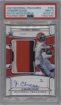 Ja'Marr Chase from the 2021 Panini National Treasures set featuring a Purple parallel graded by PSA and given an overall grade of 9.