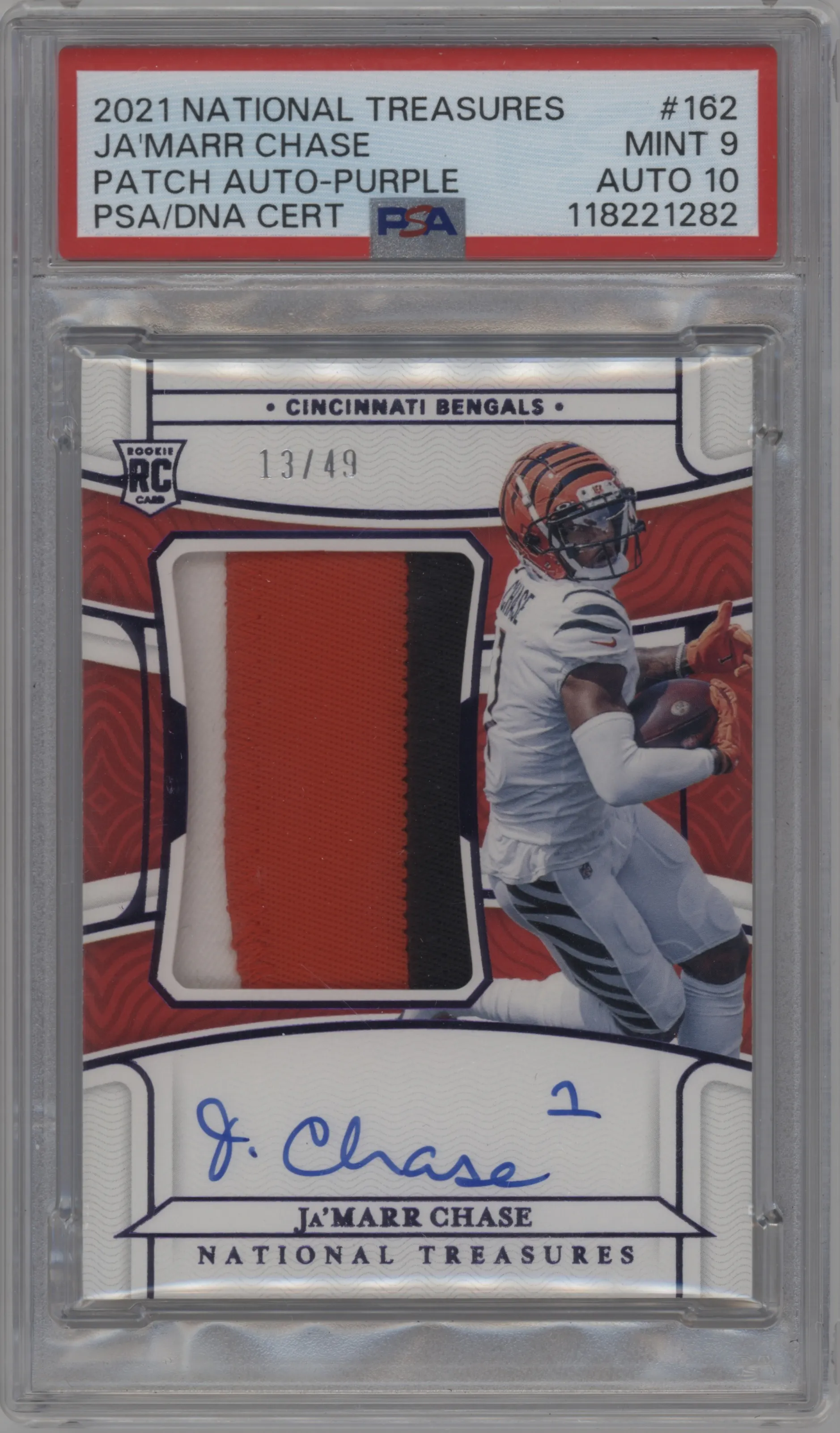 Ja'Marr Chase from the 2021 Panini National Treasures set featuring a Purple parallel graded by PSA and given an overall grade of 9.