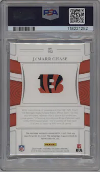 Ja'Marr Chase from the 2021 Panini National Treasures set featuring a Purple parallel graded by PSA and given an overall grade of 9.