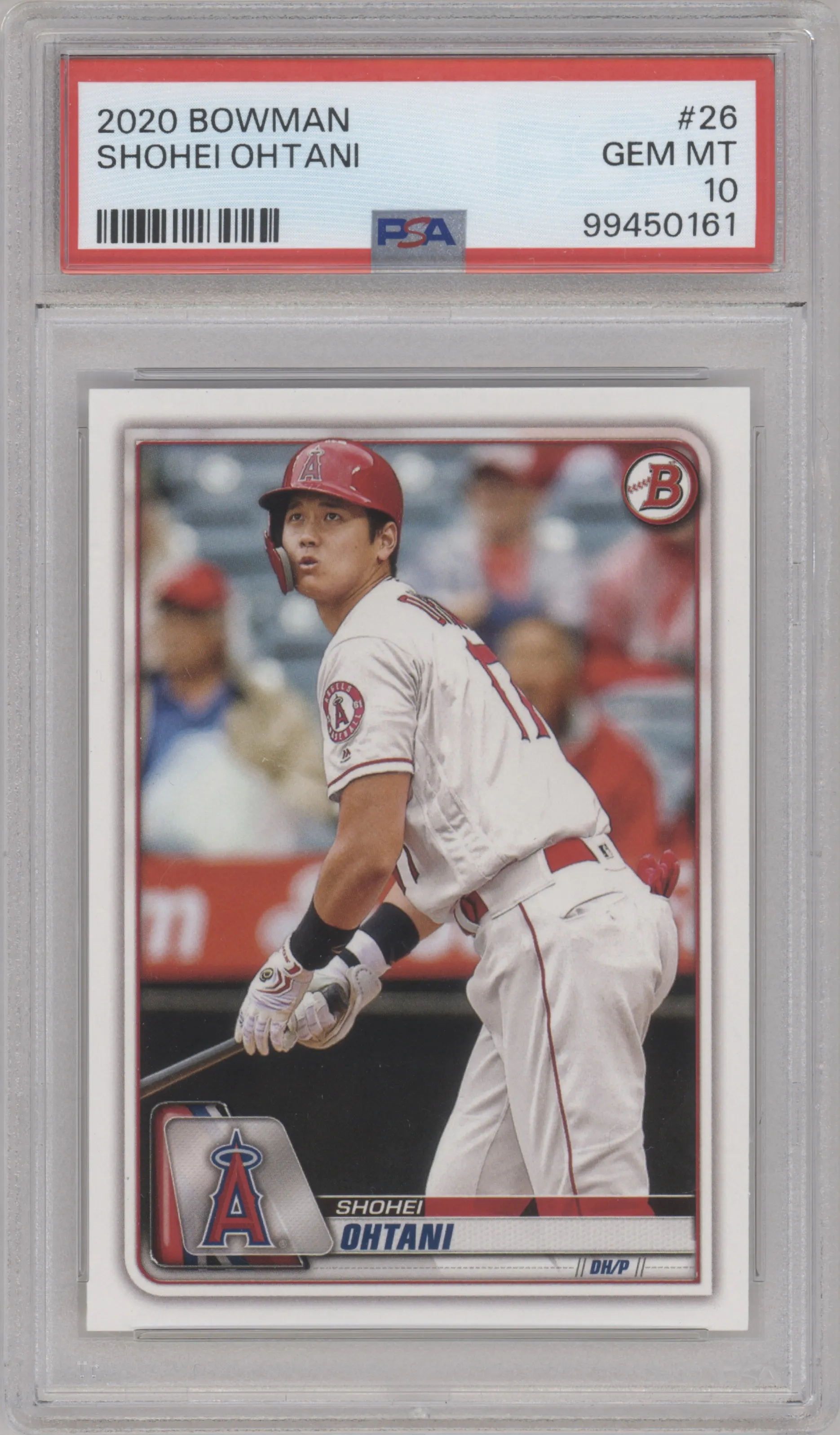 Shohei Ohtani from the 2020 Bowman set graded by PSA and given an overall grade of 10.