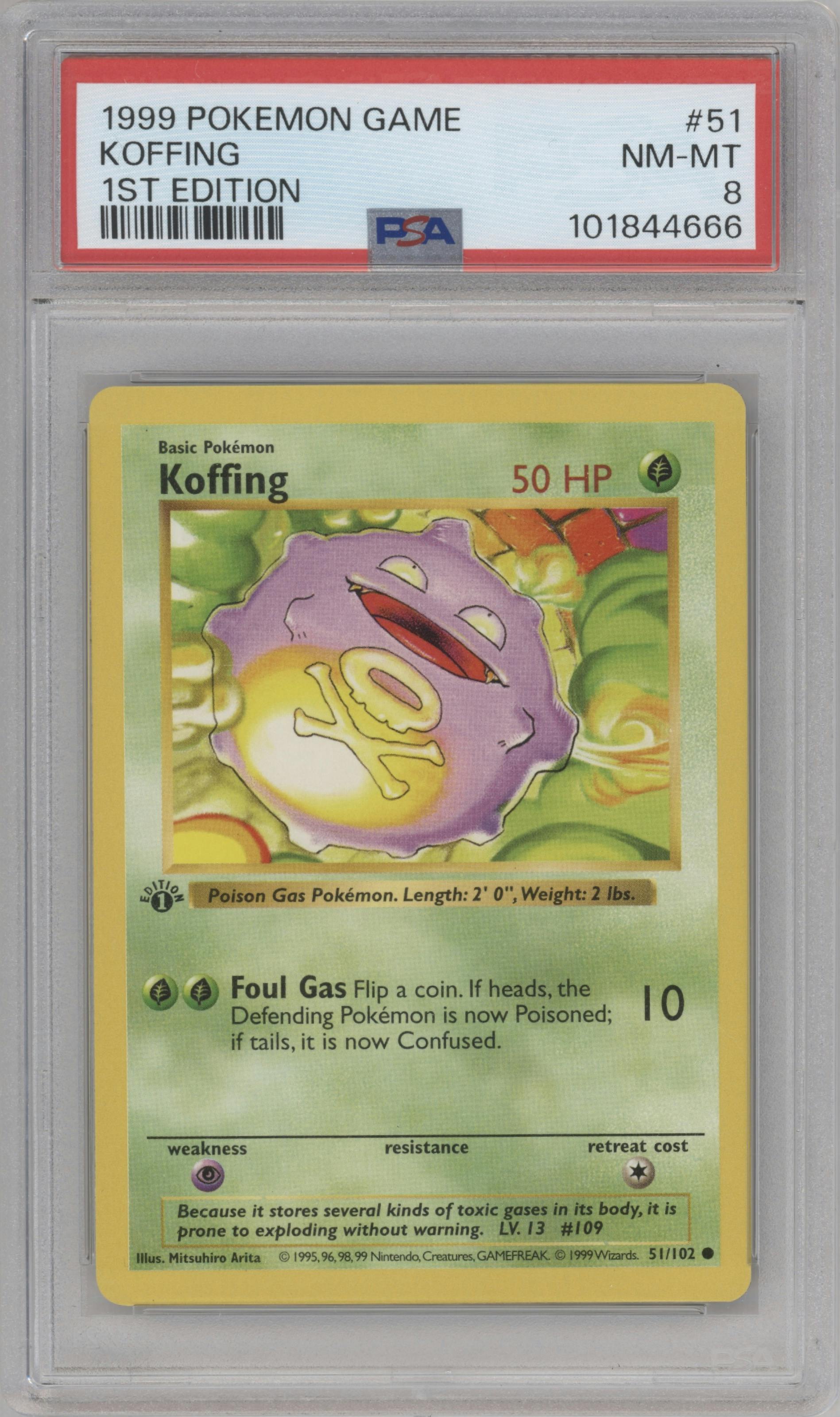 Koffing from the 1999 Pokemon set graded by PSA and given an overall grade of 8.