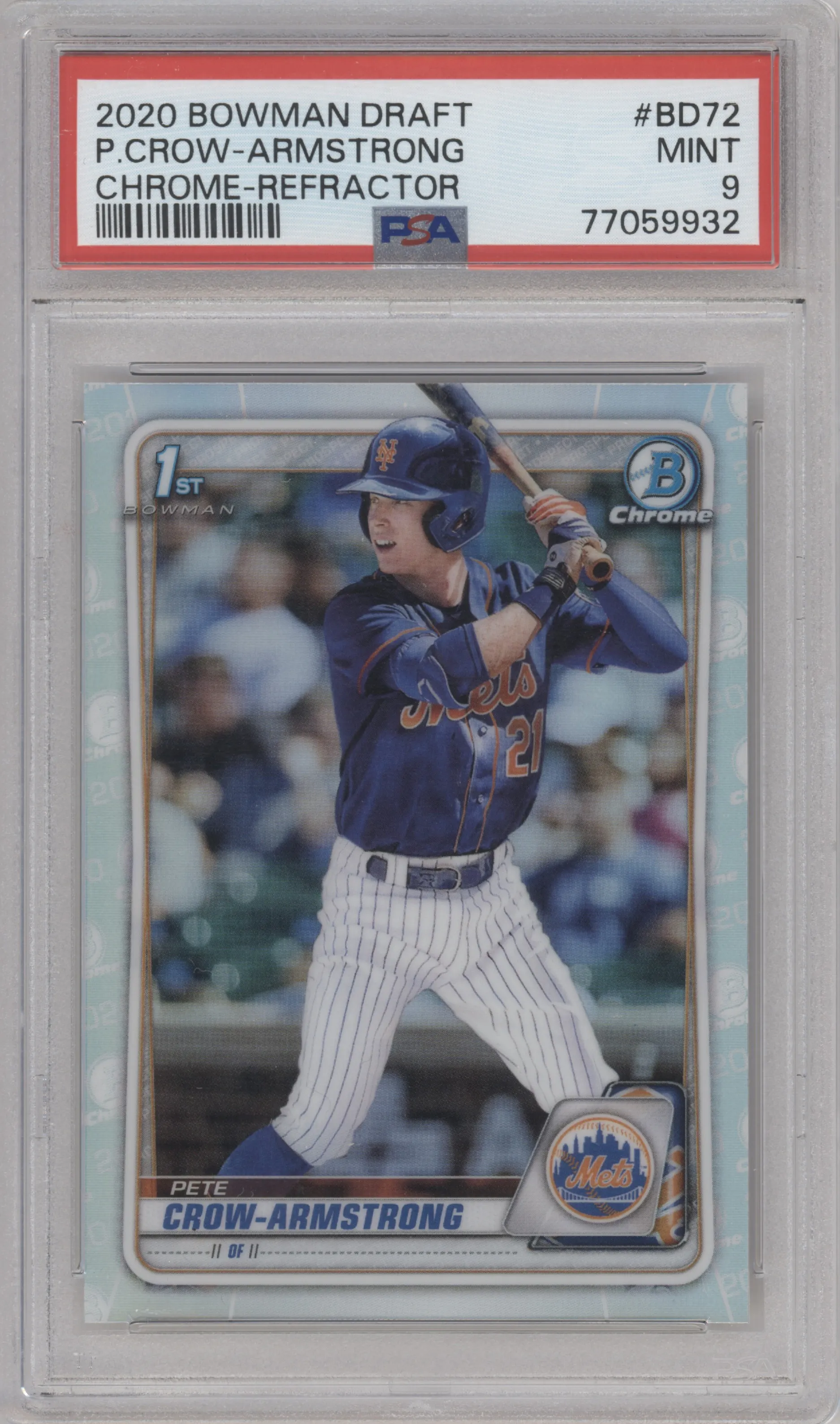 Pete Crow-Armstrong from the 2020 Bowman Draft set featuring a Refractor parallel graded by PSA and given an overall grade of 9.