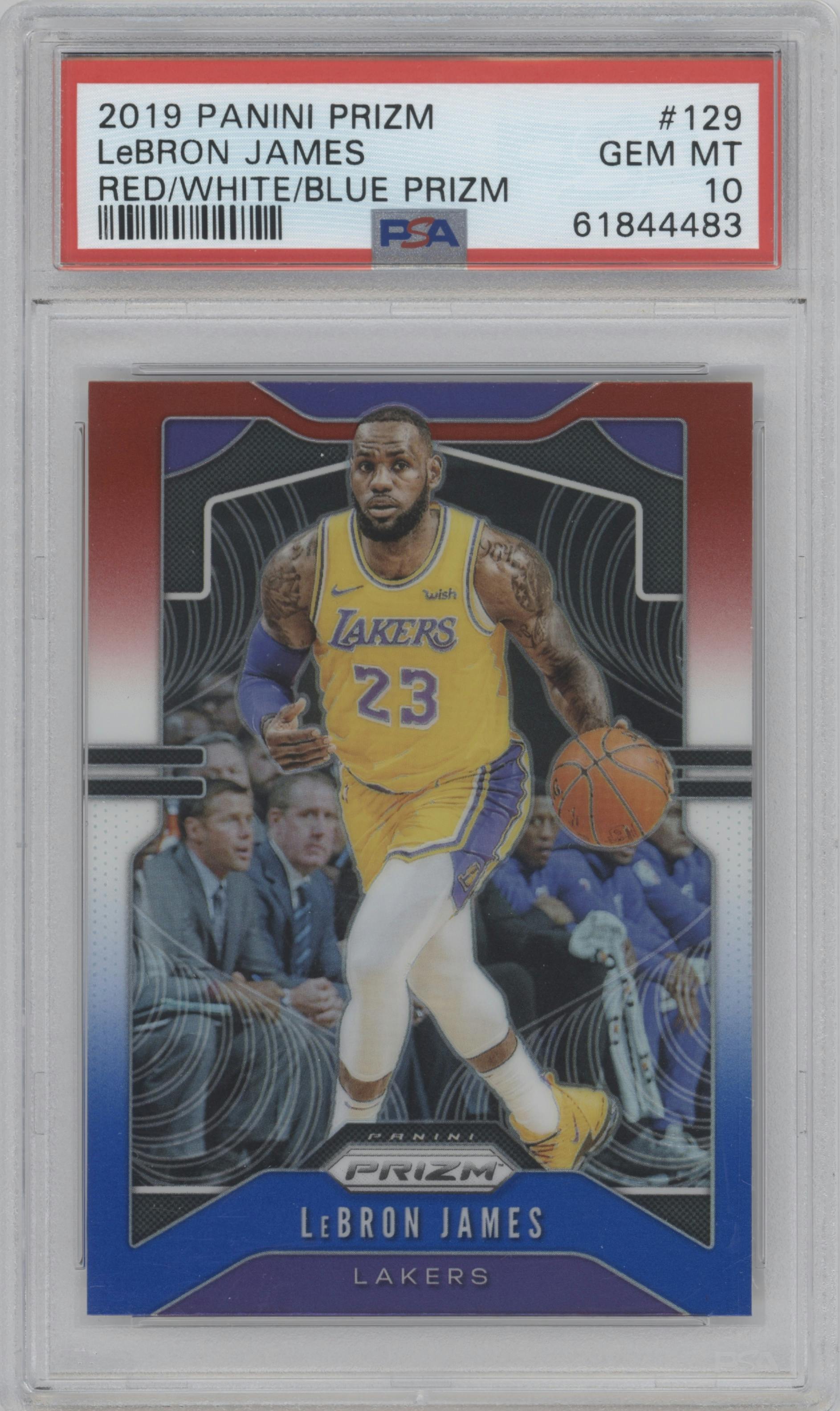 LeBron James from the 2019-20 Panini Prizm set featuring a Red/White/Blue Prizm  parallel graded by PSA and given an overall grade of 10.