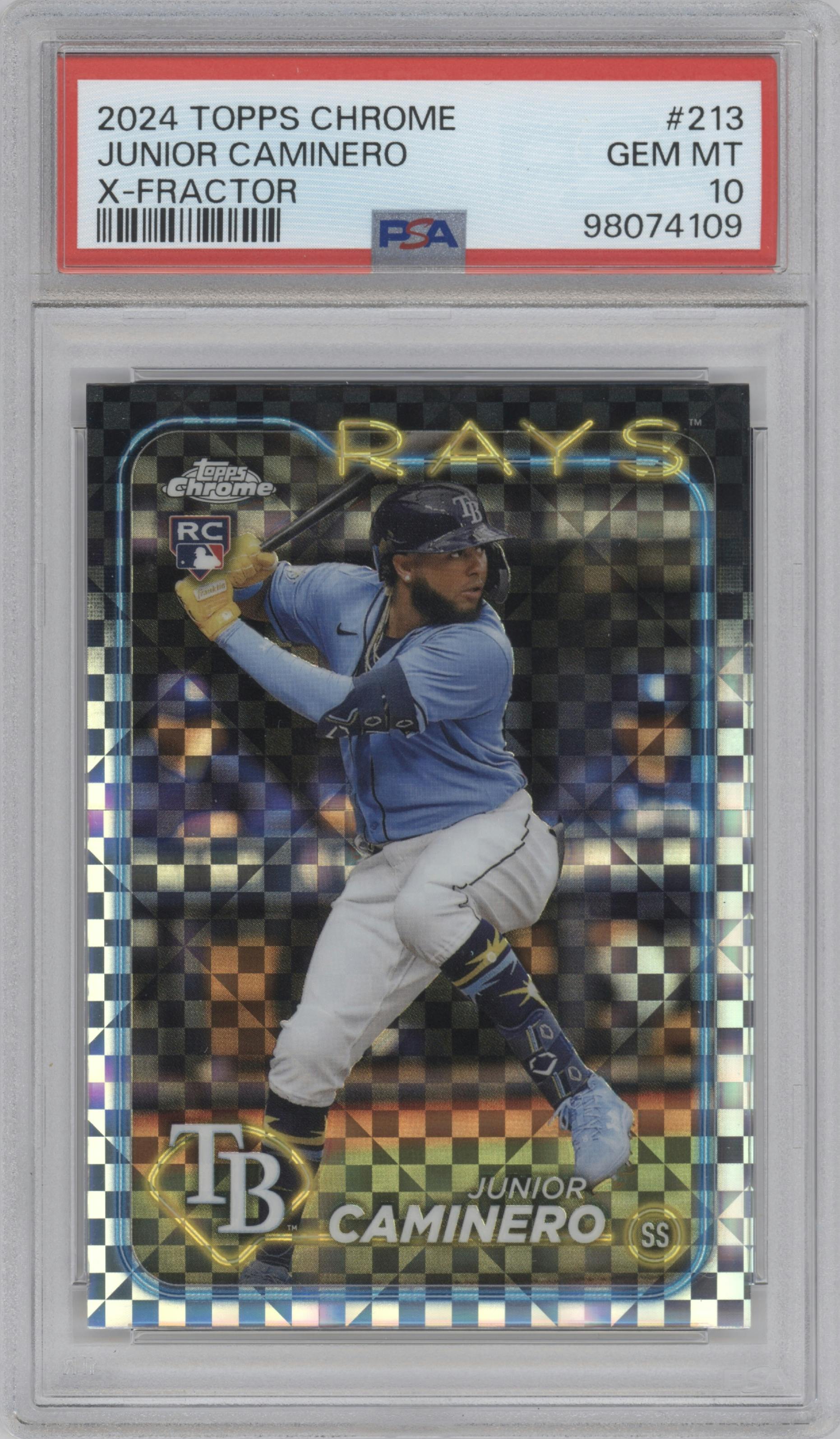 Junior Caminero from the 2024 Topps Chrome set featuring a X-Fractor parallel graded by PSA and given an overall grade of 10.