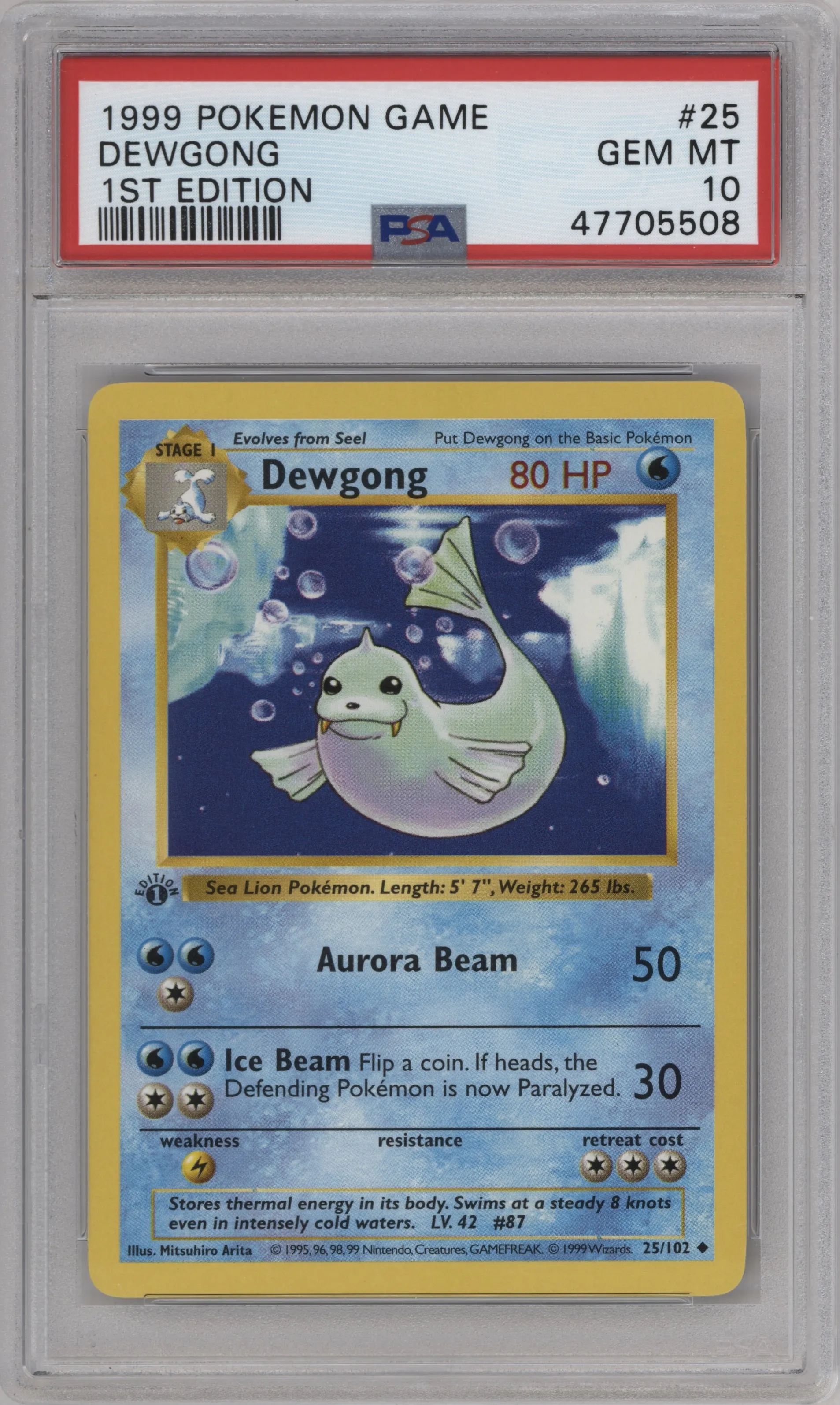 Dewgong from the 1999 Pokemon set graded by PSA and given an overall grade of 10.