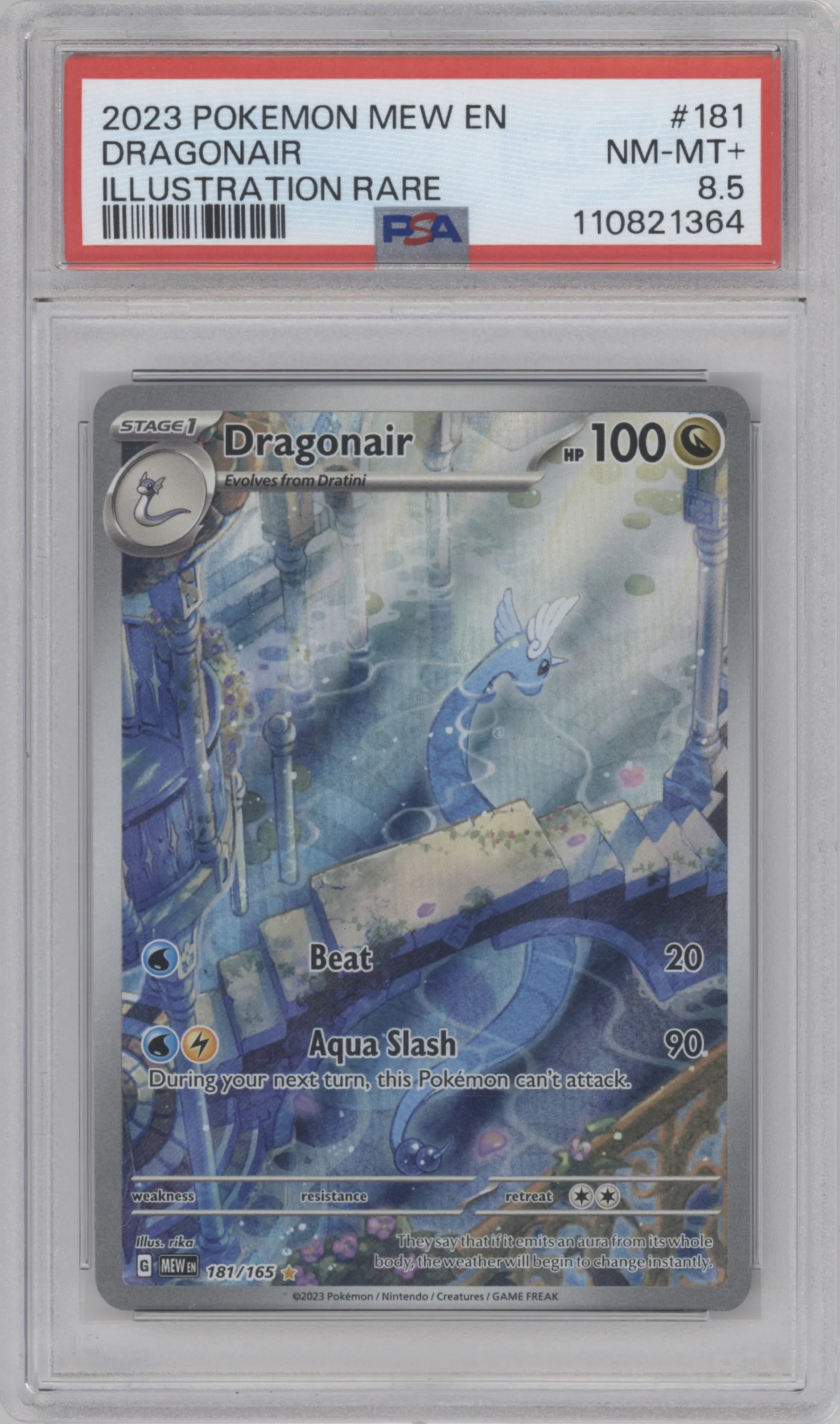 Dragonair from the 2023 Pokemon SV set graded by PSA and given an overall grade of 8.5.