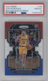 Austin Reaves from the 2021-22 Panini Prizm  set featuring a Red/White/Blue Prizm parallel graded by PSA and given an overall grade of 10.