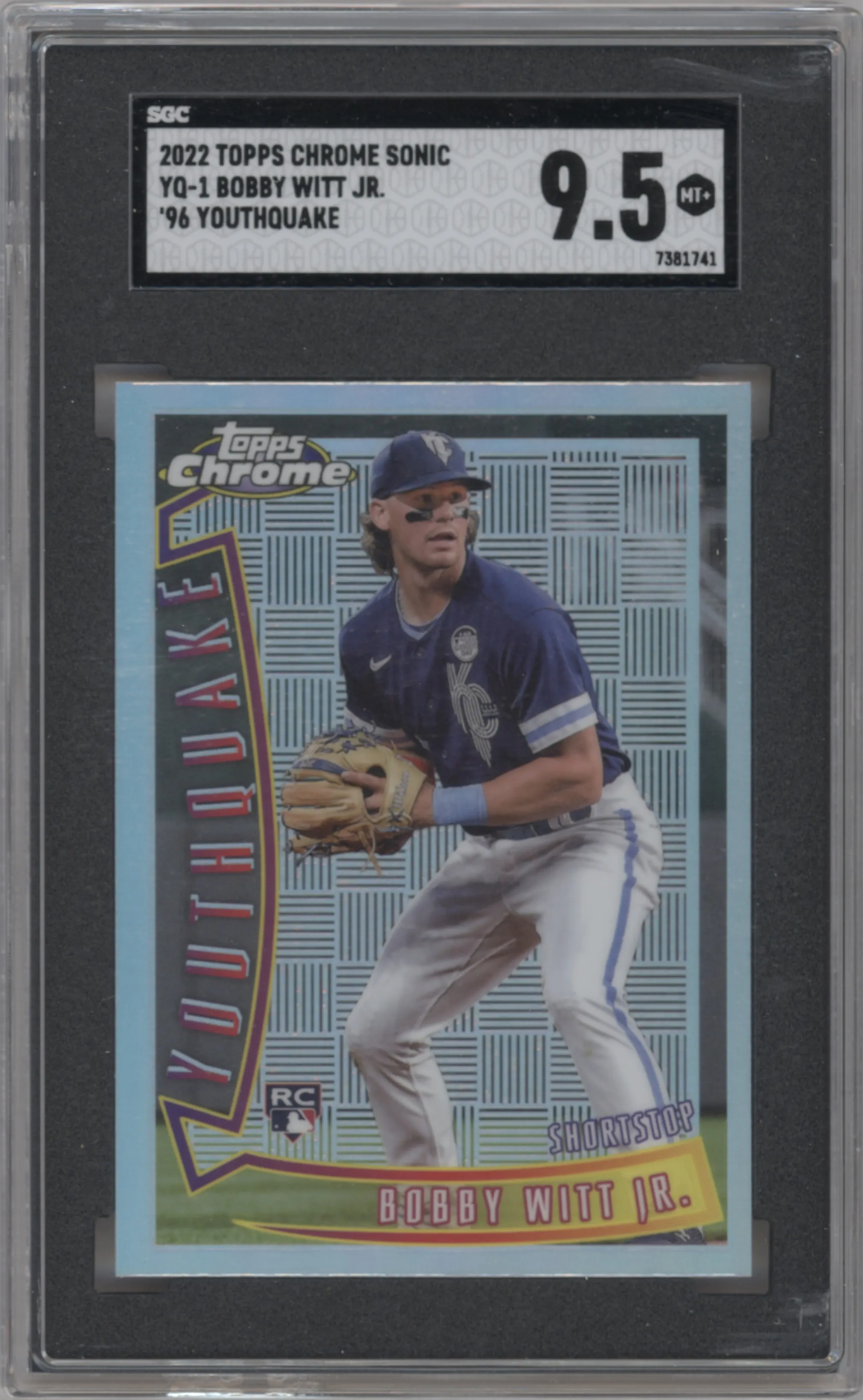 Bobby Witt Jr. from the 2022 Topps Chrome Sonic  set graded by SGC and given an overall grade of 9.5.